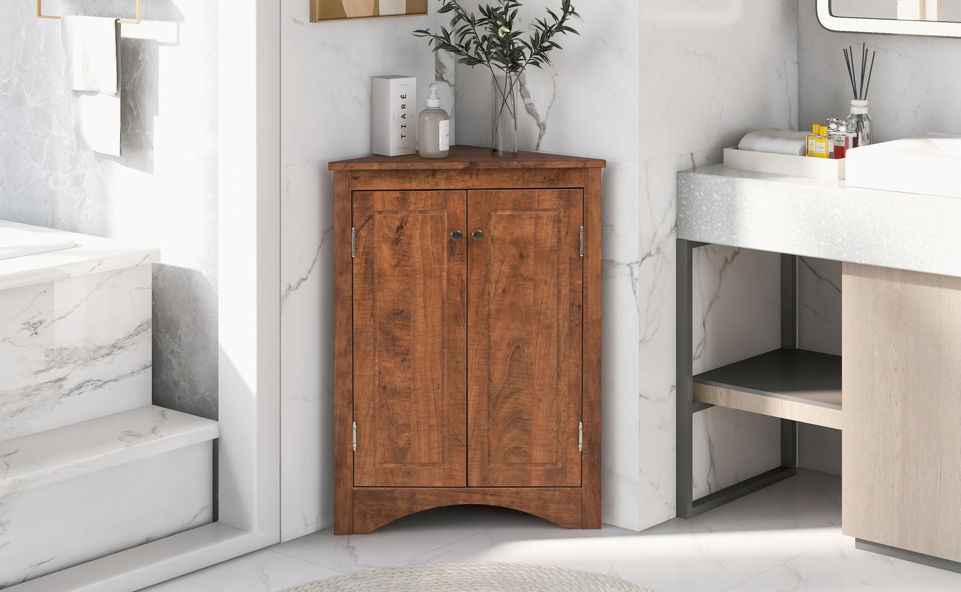 Brown Triangle Bathroom Storage Cabinet With Adjustable Shelves, Freestanding Floor Cabinet For Home Kitchen Brown Mdf