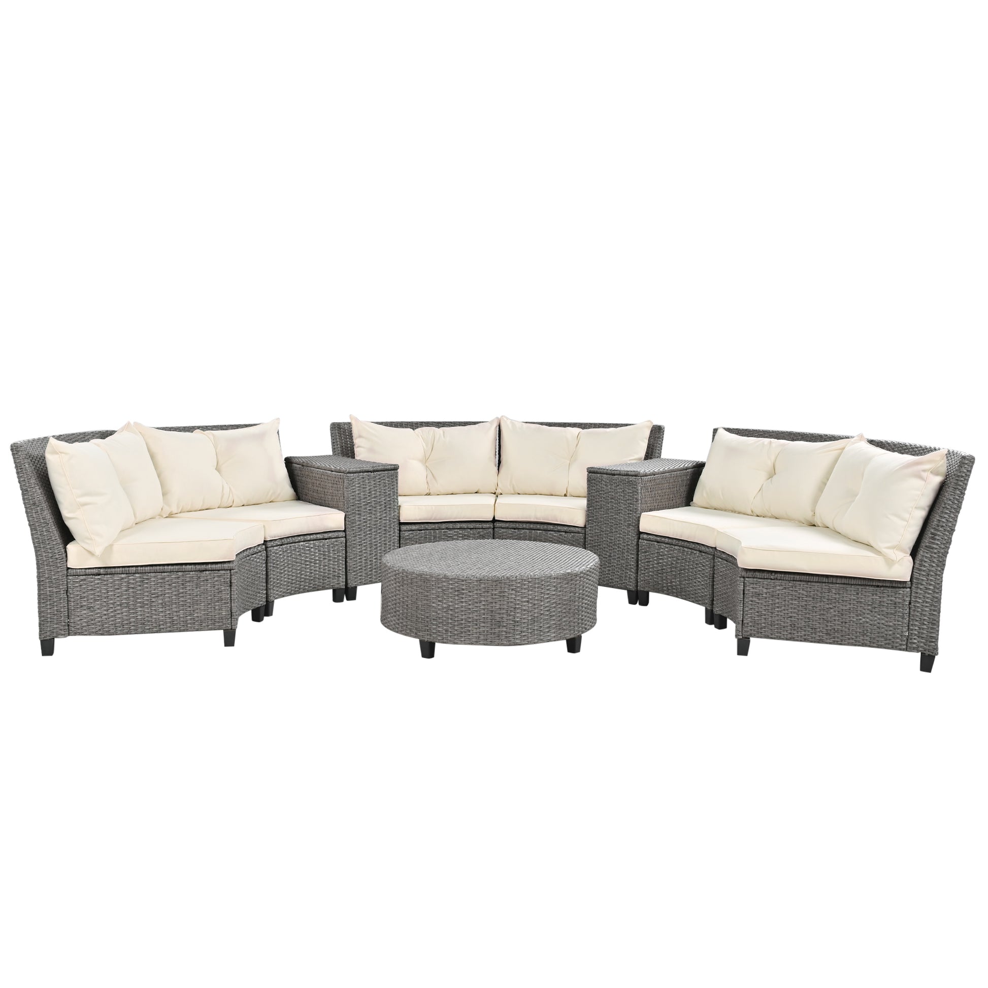 6 Person Fan Shaped Rattan Suit Combination With Cushions And Table,Suitable For Garden Beige Hdpe
