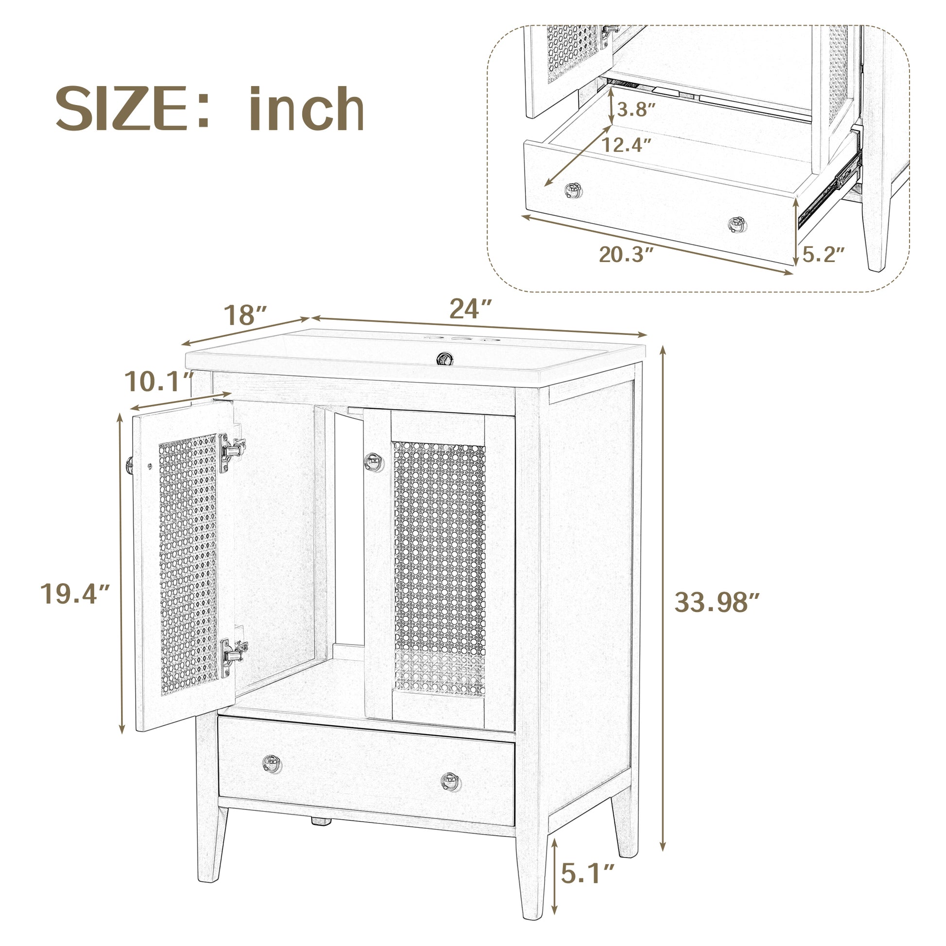 24" Bathroom Vanity With Ceramic Basin, Rattan Bathroom Storage Cabinet With Two Doors And Drawer, Solid Frame, Natural Old Sku: Jl000008Aad Natural Solid Wood Mdf