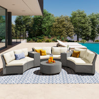 6 Person Fan Shaped Rattan Suit Combination With Cushions And Table,Suitable For Garden Beige Hdpe