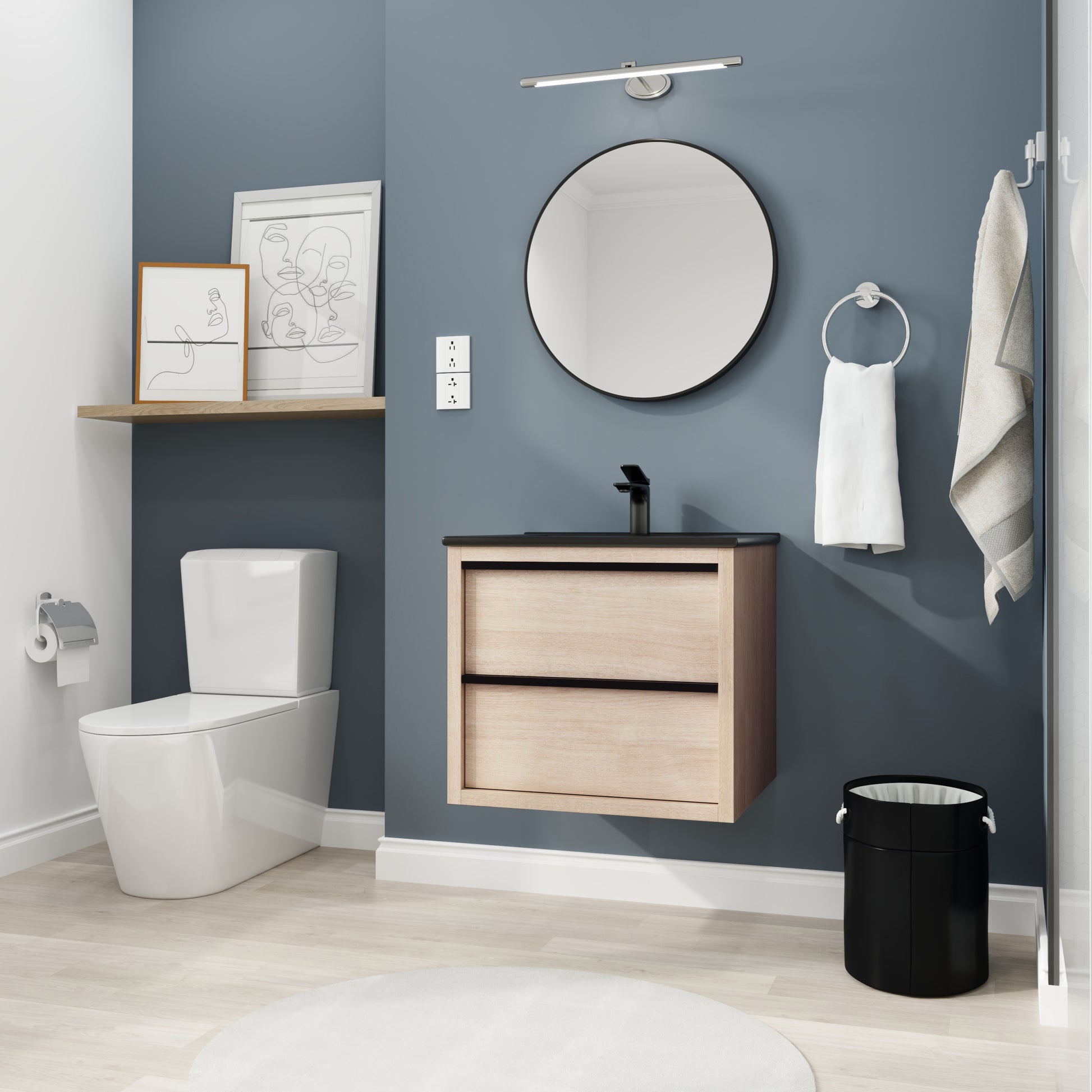 24" Bathroom Vanity, With Black Ceramic Sink And 2 Soft Close Drawers Bva02524Plo G Bl9060Bk W1286S00035 2 Plain Light Oak Bathroom Wall Mounted Modern Plywood