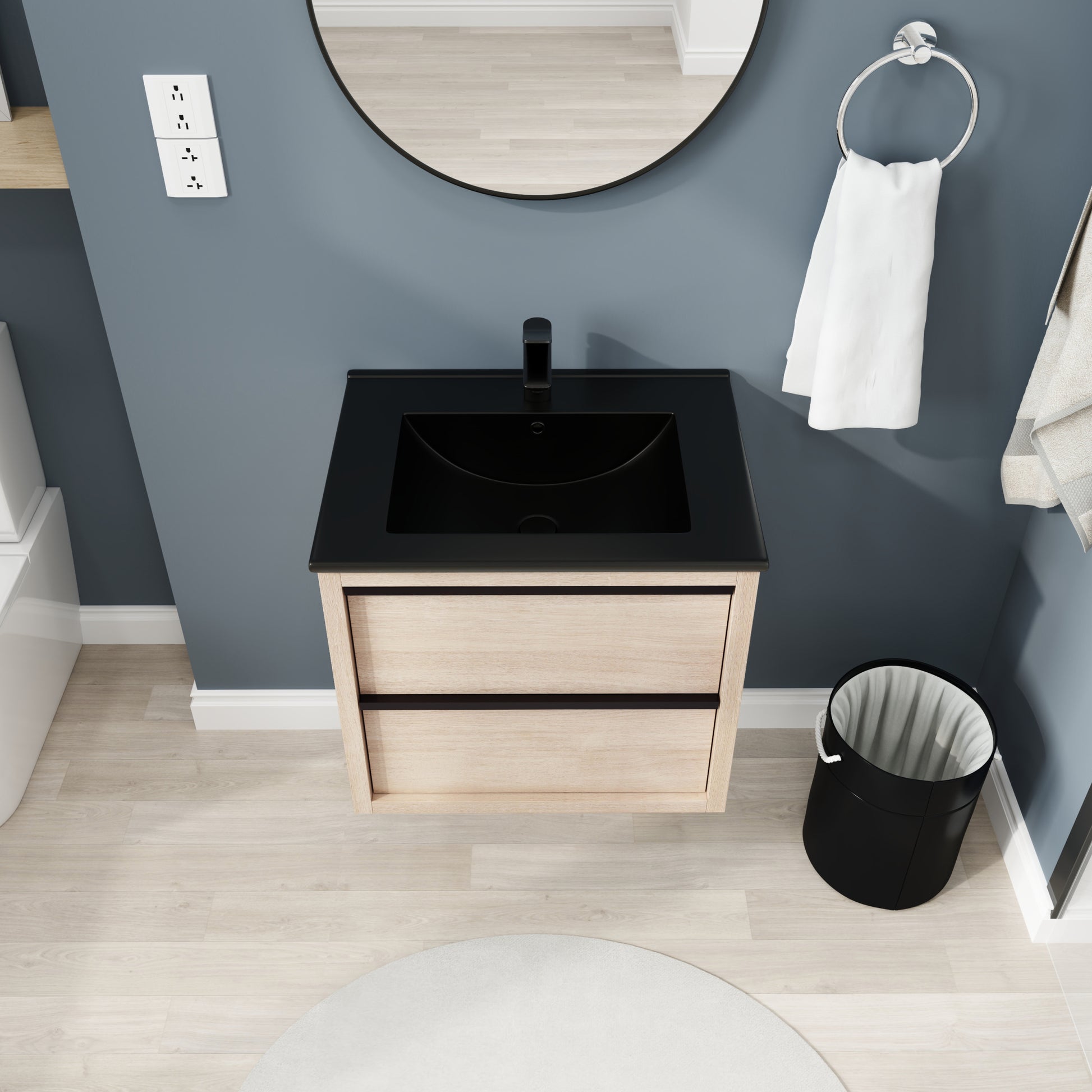 24" Bathroom Vanity, With Black Ceramic Sink And 2 Soft Close Drawers Bva02524Plo G Bl9060Bk W1286S00035 2 Plain Light Oak Bathroom Wall Mounted Modern Plywood