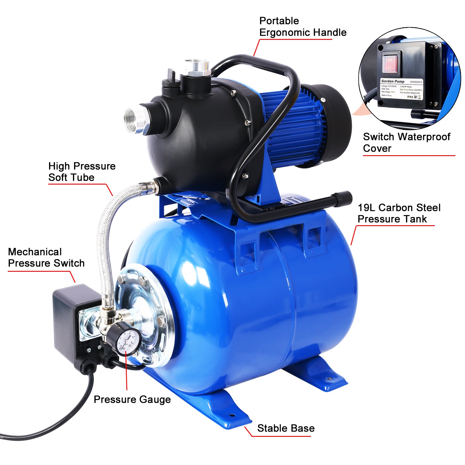 1.6Hp Shallow Well Pump With Pressure Tank,Garden Water Pump, Irrigation Pump,Automatic Water Booster Pump For Home Garden Lawn Farm Blue Steel