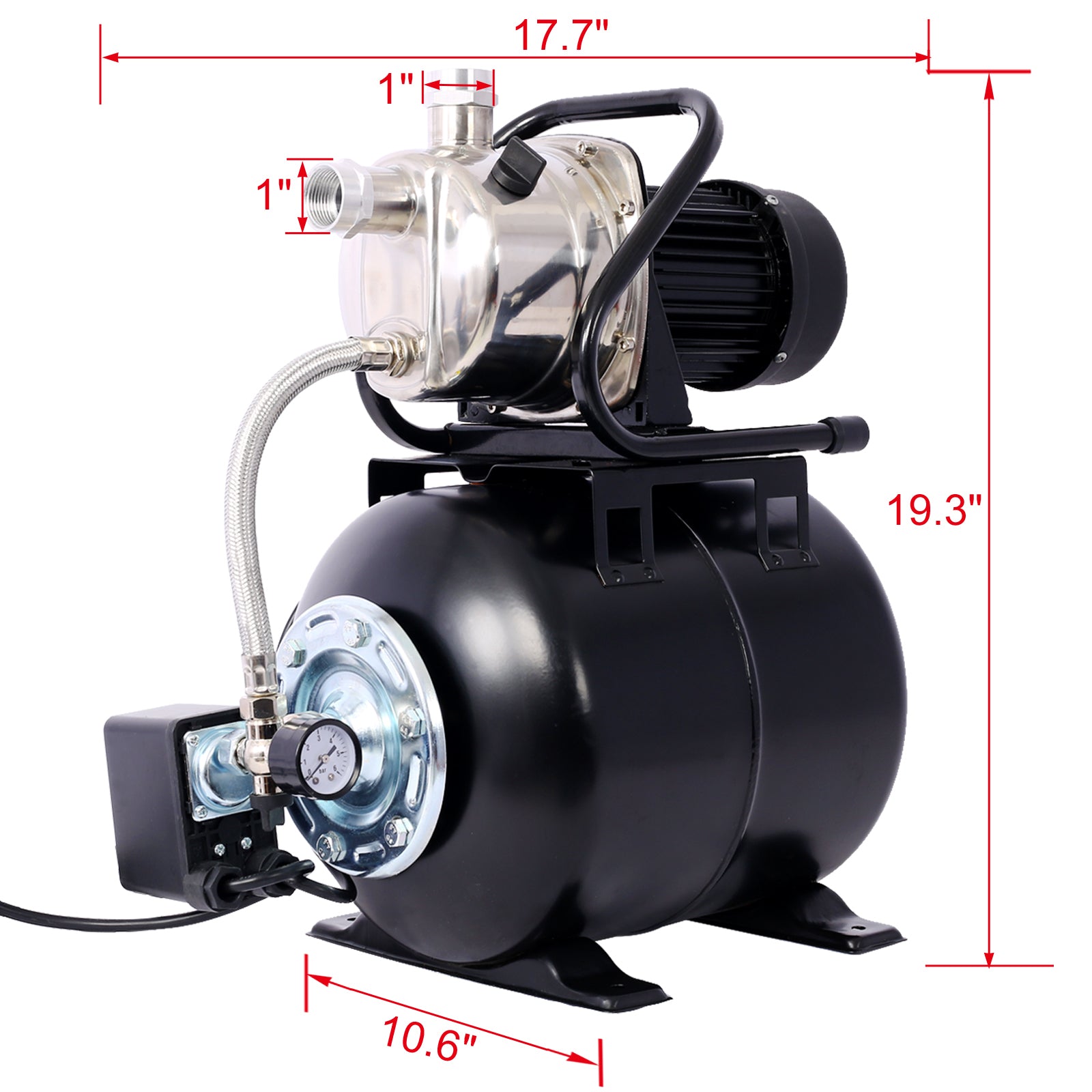 1.6Hp Shallow Well Pump With Pressure Tank,Garden Water Pump, Irrigation Pump,Automatic Water Booster Pump For Home Garden Lawn Farm Stainless Steel Head Blue Iron