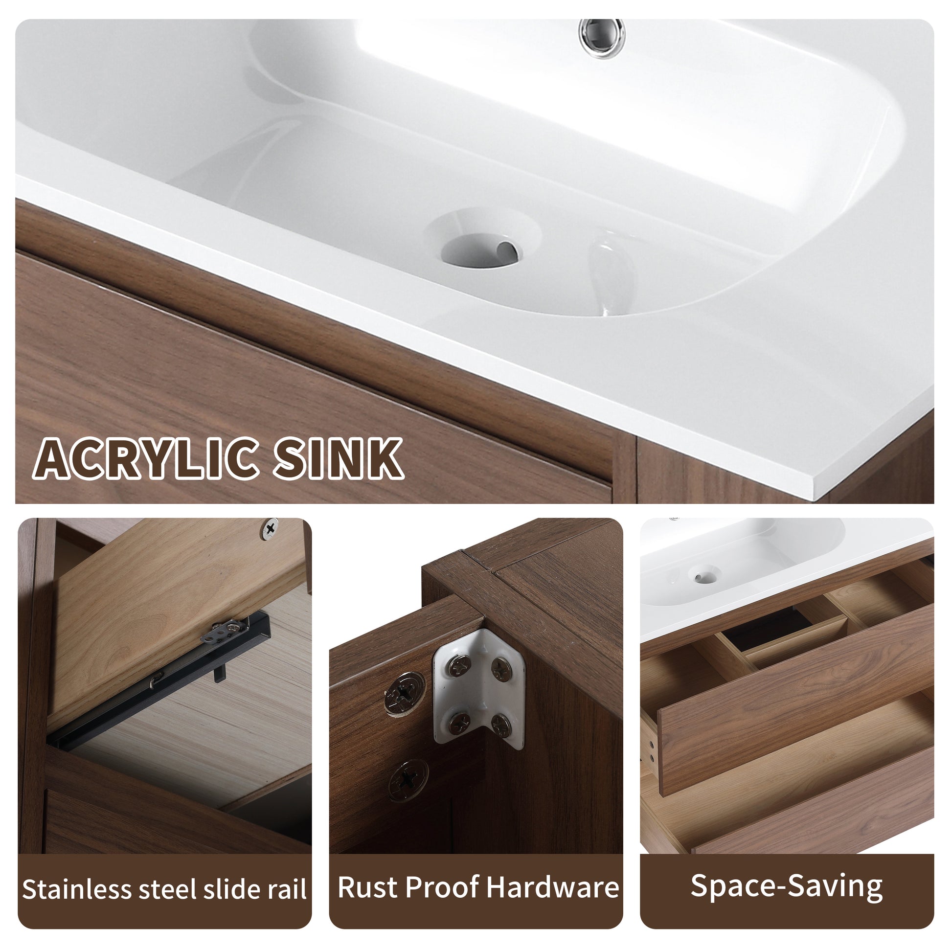 30" Wall Mounting Bathroom Vanity With Gel Sink, Soft Close Drawer 2 Brown Oak 1 Bathroom Wall Mounted Modern Plywood