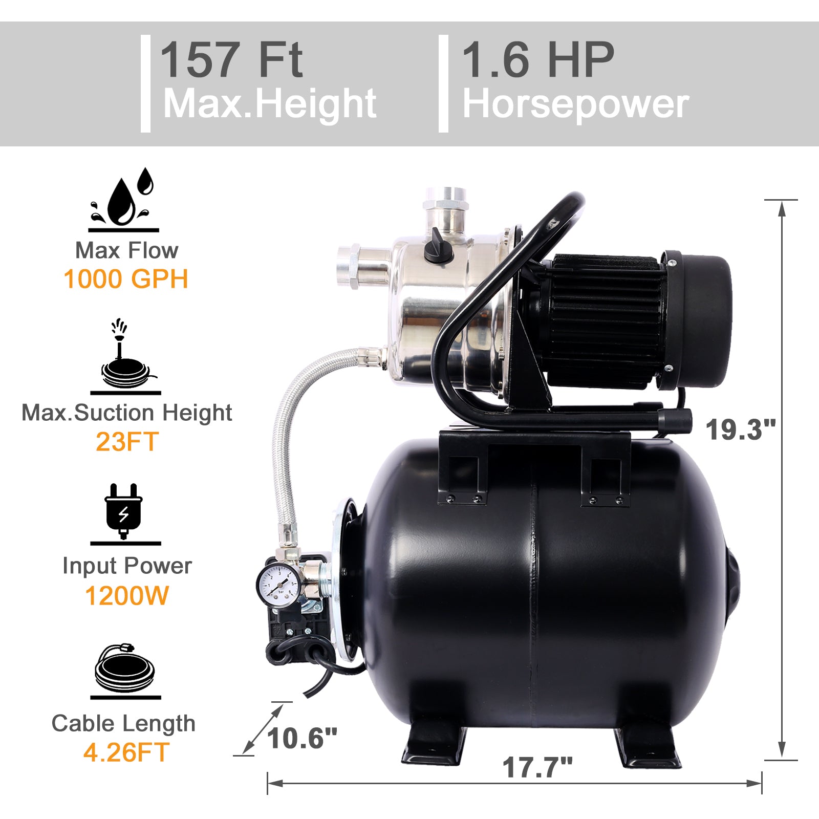 1.6Hp Shallow Well Pump With Pressure Tank,Garden Water Pump, Irrigation Pump,Automatic Water Booster Pump For Home Garden Lawn Farm Stainless Steel Head Blue Iron