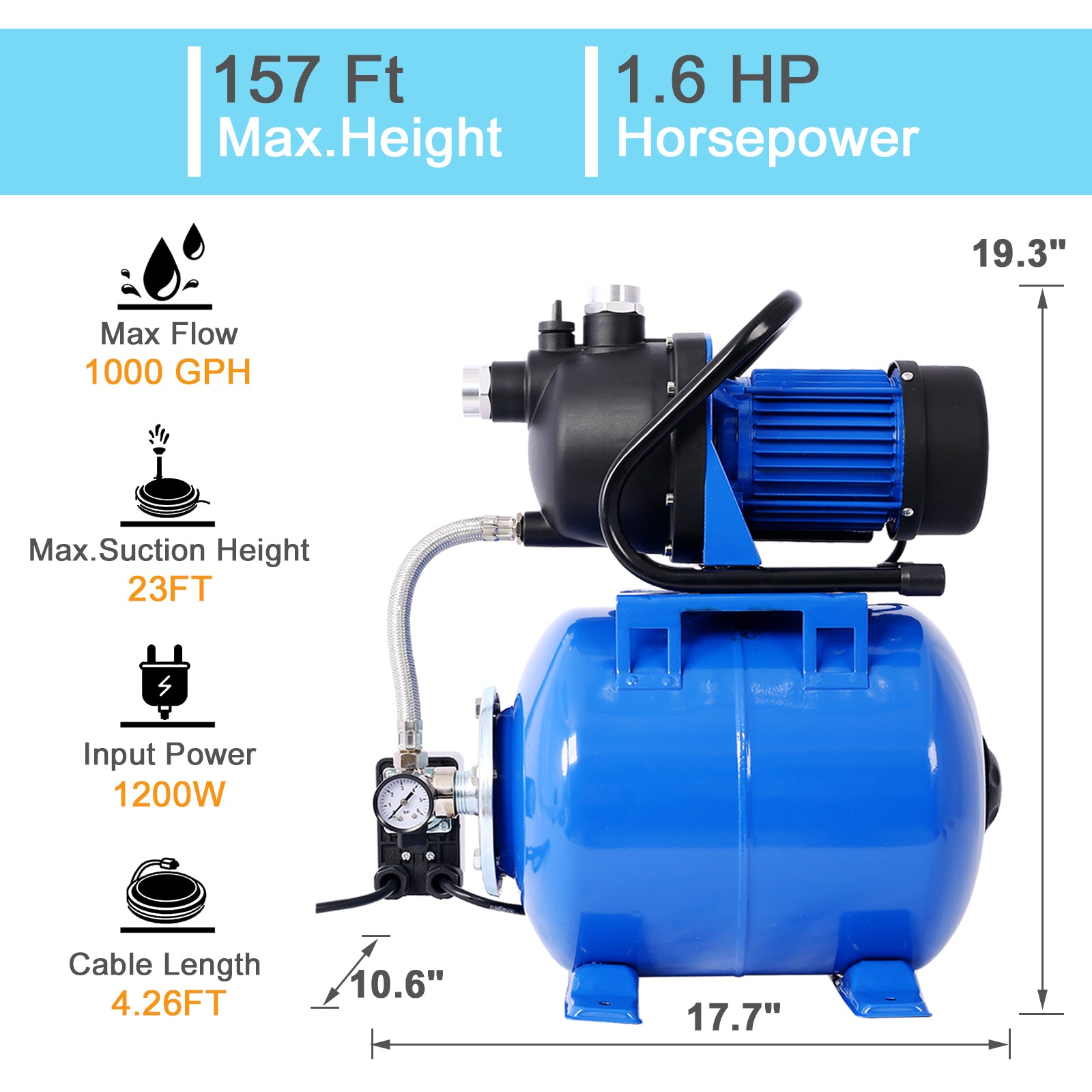 1.6Hp Shallow Well Pump With Pressure Tank,Garden Water Pump, Irrigation Pump,Automatic Water Booster Pump For Home Garden Lawn Farm Blue Steel