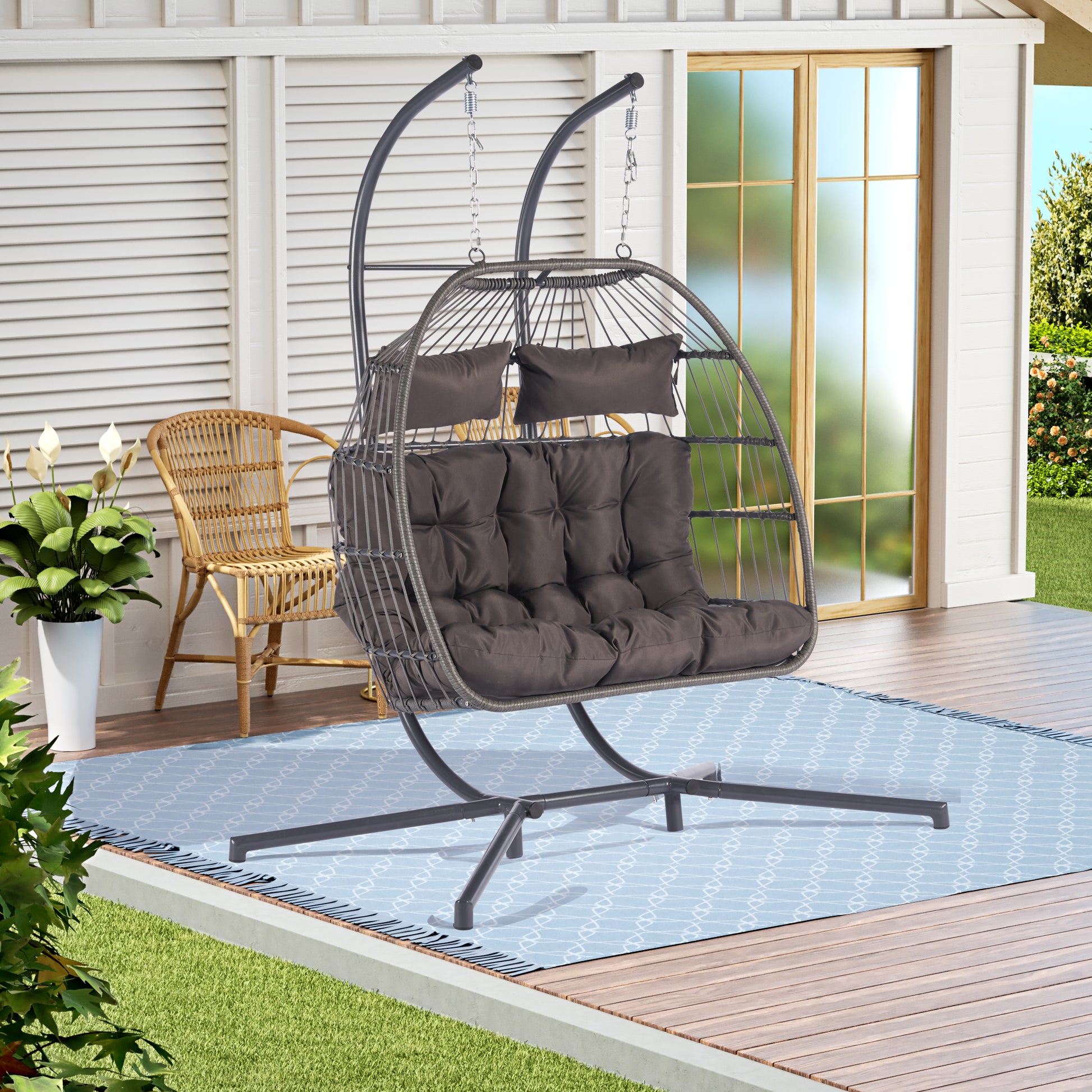 2 Person Outdoor Rattan Hanging Chair Patio Wicker Egg Chair Yes Sectional Dark Gray Uv Resistant Frame Water Resistant Cushion Garden & Outdoor American Design,American Traditional 2 Person Seating Group Polyester Rattan