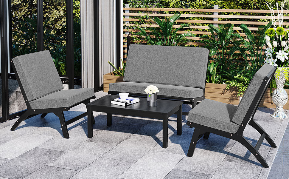 4 Piece V Shaped Seats Set, Acacia Solid Wood Outdoor Sofa, Garden Furniture, Outdoor Seating, Black And Gray Black Gray Acacia Wood