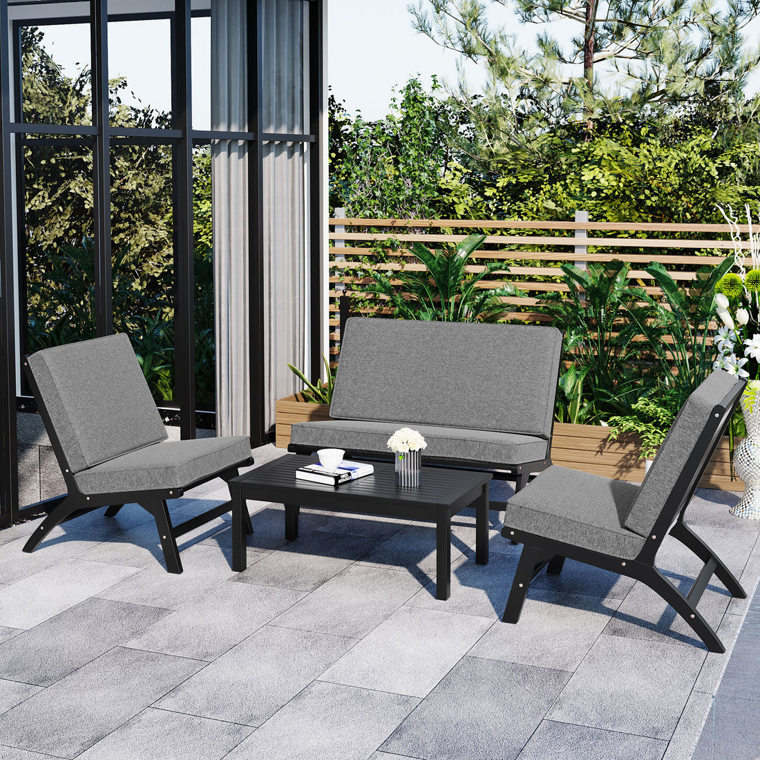 4 Piece V Shaped Seats Set, Acacia Solid Wood Outdoor Sofa, Garden Furniture, Outdoor Seating, Black And Gray Black Gray Acacia Wood