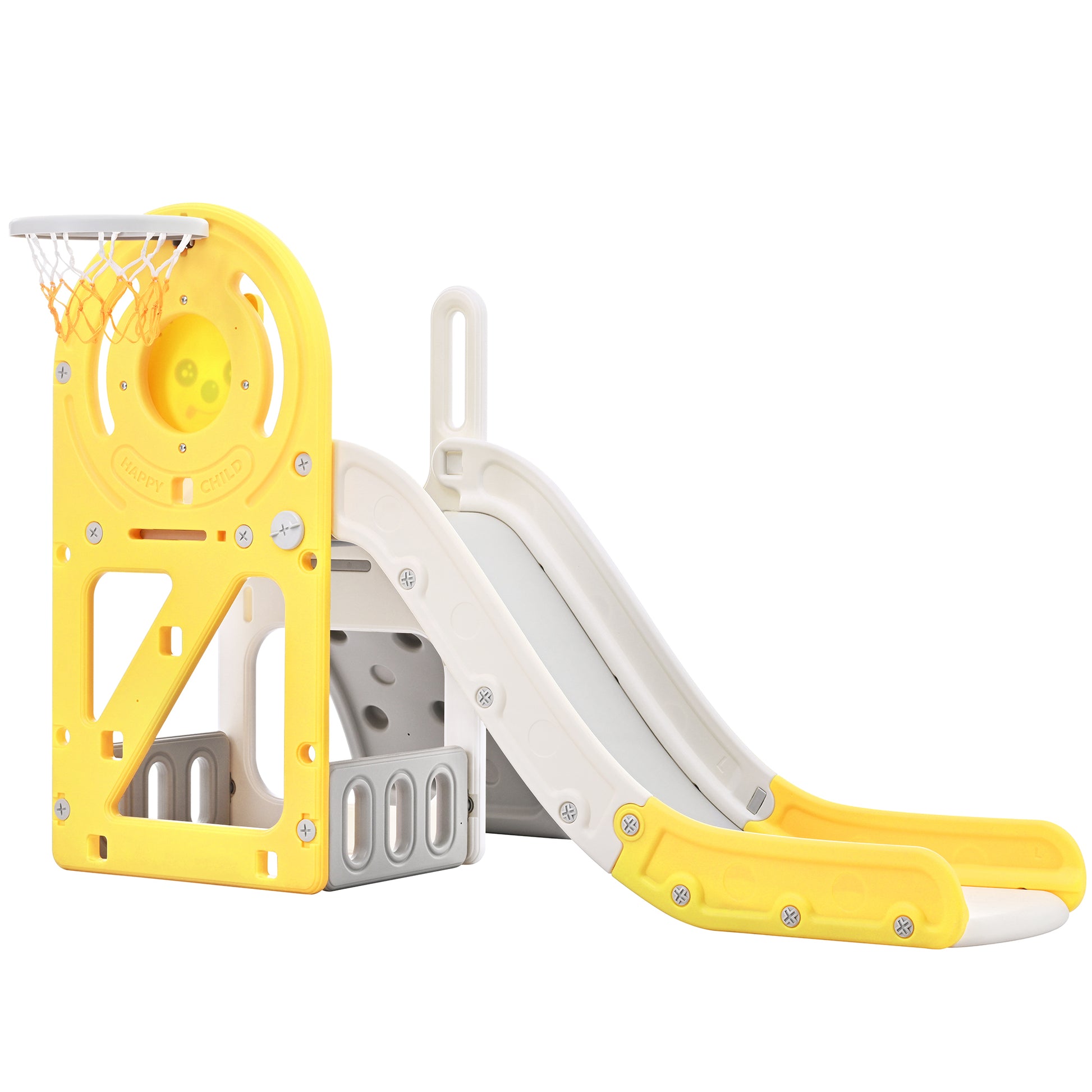 Toddler Climber And Slide Set 4 In 1, Kids Playground Climber Freestanding Slide Playset With Basketball Hoop Play Combination For Babies Indoor & Outdoor Yellow Hdpe