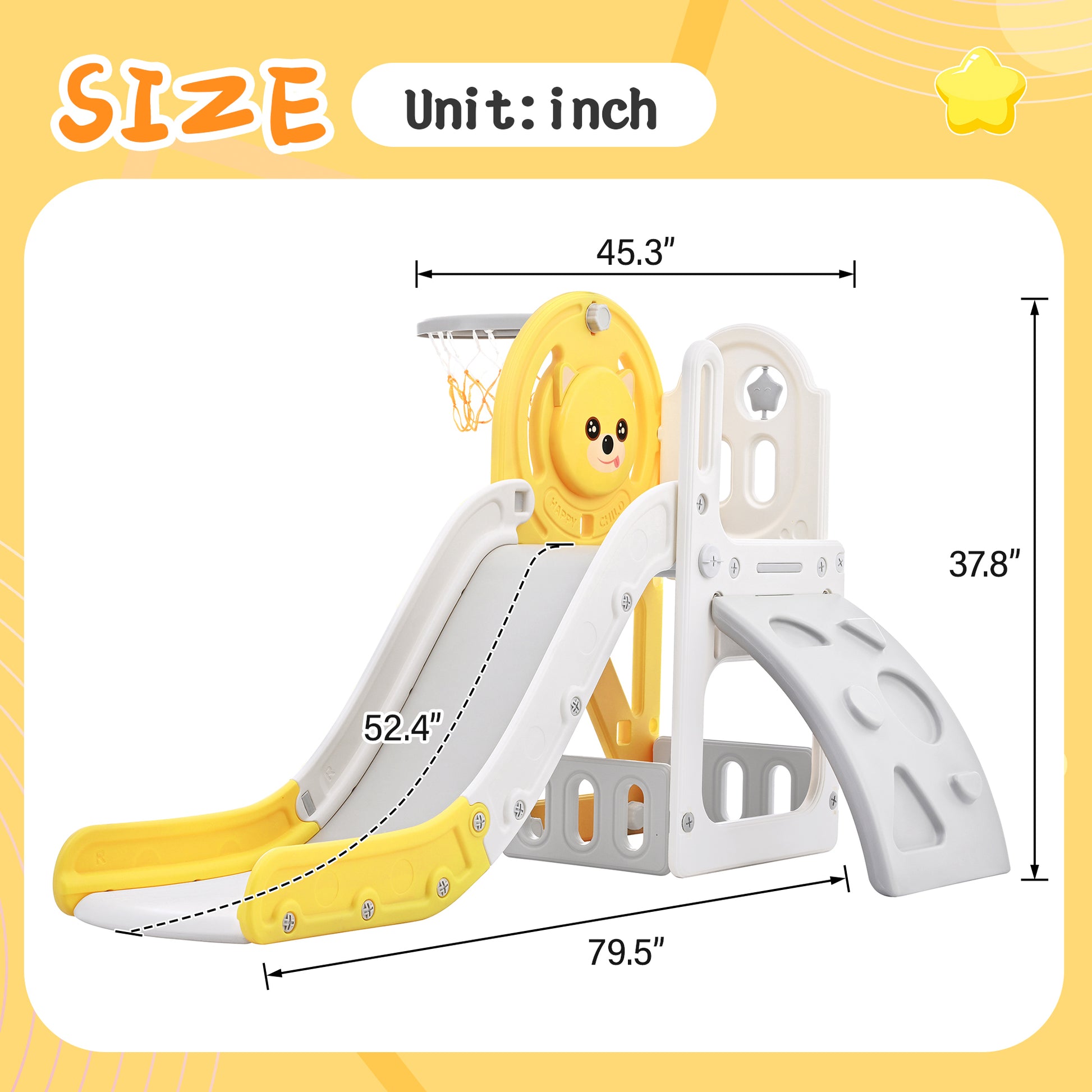 Toddler Climber And Slide Set 4 In 1, Kids Playground Climber Freestanding Slide Playset With Basketball Hoop Play Combination For Babies Indoor & Outdoor Yellow Hdpe