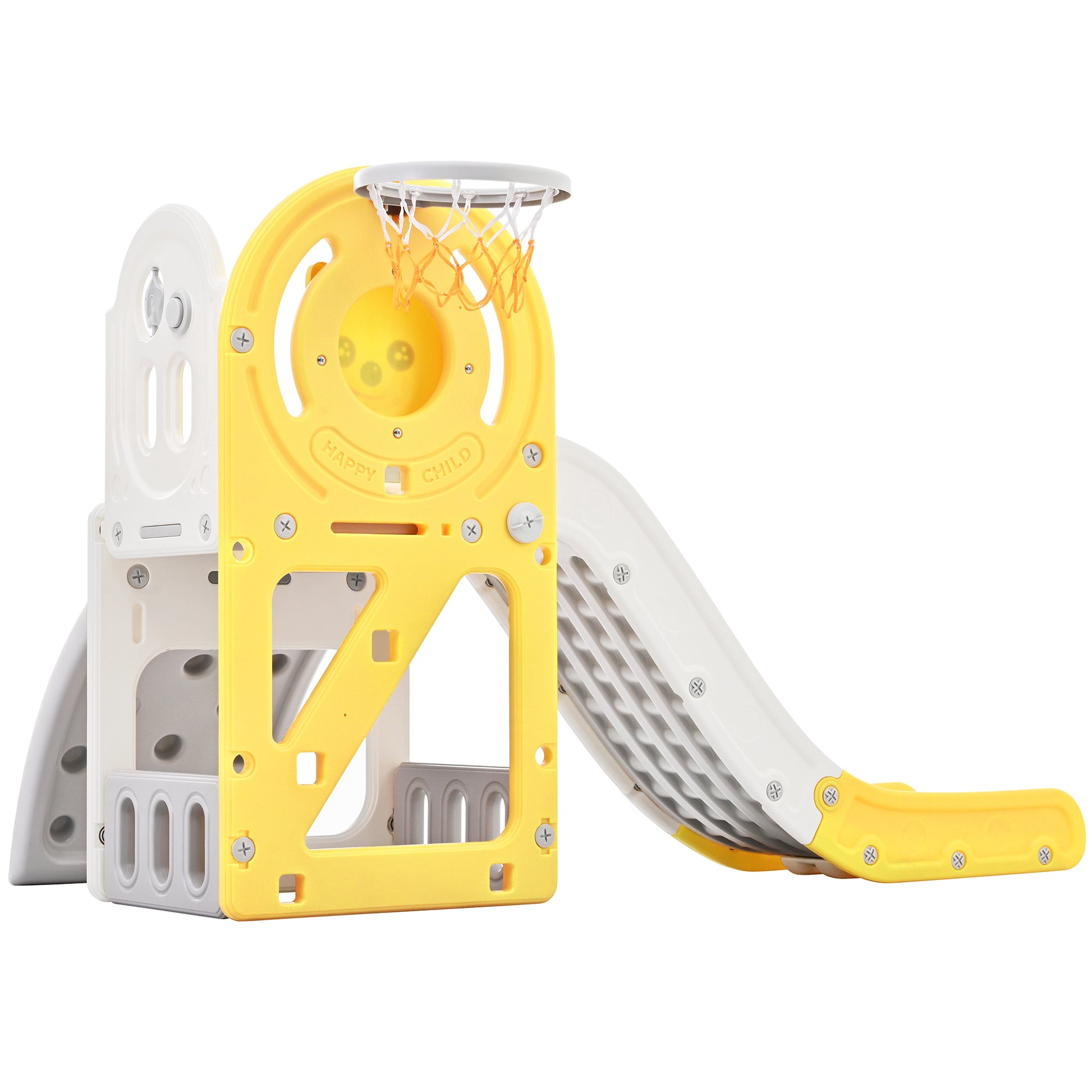 Toddler Climber And Slide Set 4 In 1, Kids Playground Climber Freestanding Slide Playset With Basketball Hoop Play Combination For Babies Indoor & Outdoor Yellow Hdpe