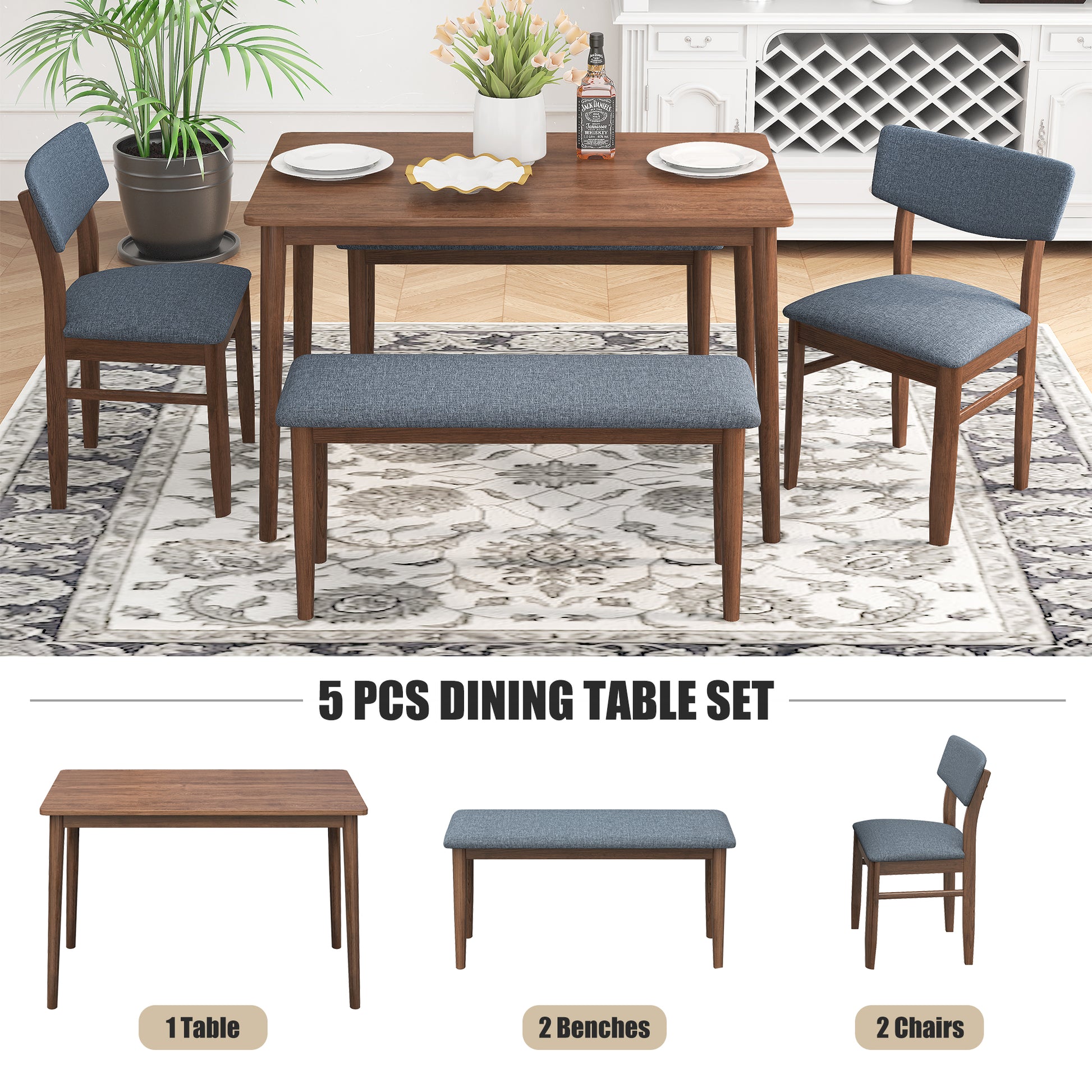 Modern Dining Table Set With 2 Benches And 2 Chairs Fabric Cushion For 6 All Rubber Wood Kitchen Dining Table For Dining Room Small Space Grey Walnut Rubber Wood