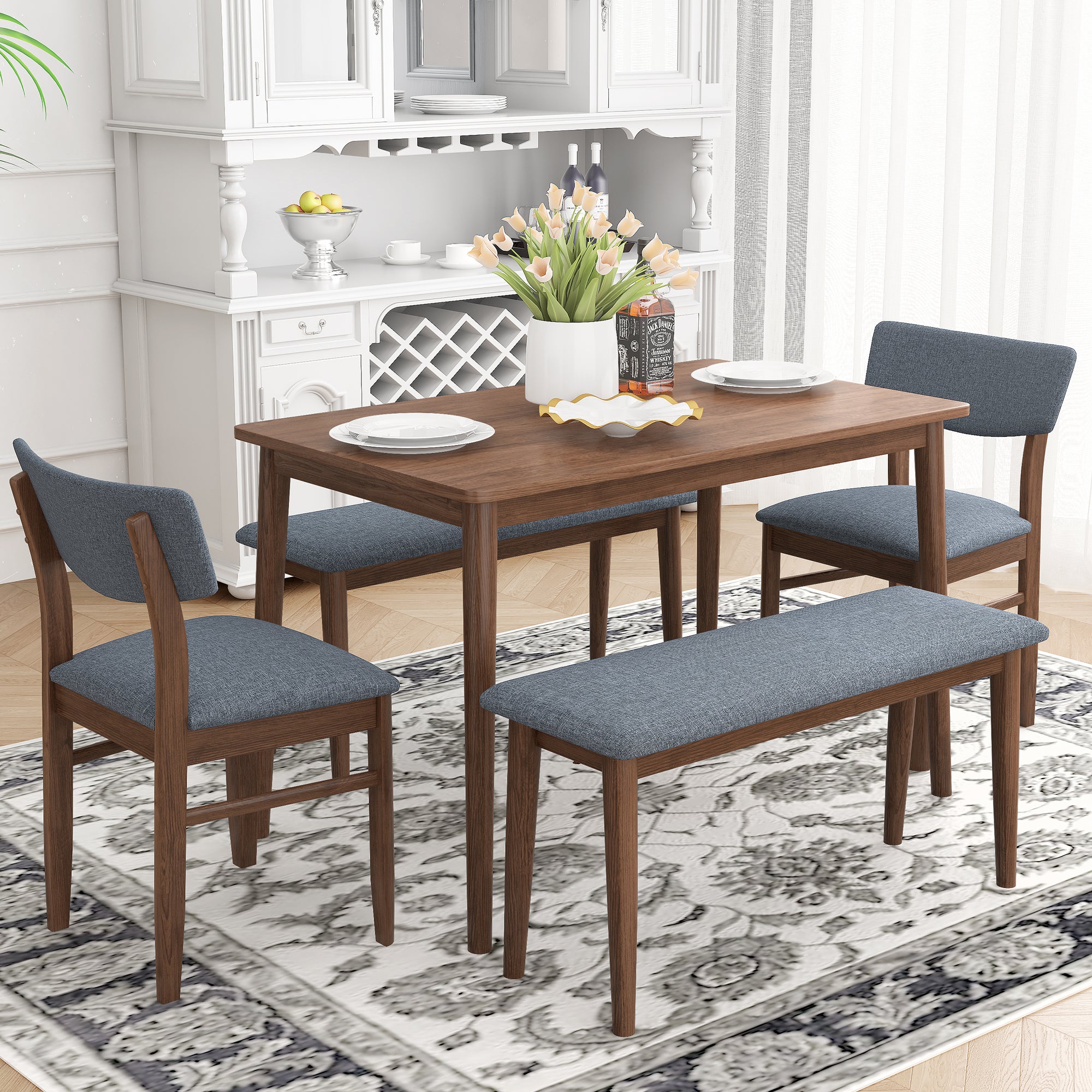 Modern Dining Table Set With 2 Benches And 2 Chairs Fabric Cushion For 6 All Rubber Wood Kitchen Dining Table For Dining Room Small Space Grey Walnut Rubber Wood