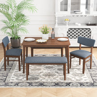 Modern Dining Table Set With 2 Benches And 2 Chairs Fabric Cushion For 6 All Rubber Wood Kitchen Dining Table For Dining Room Small Space Grey Walnut Rubber Wood