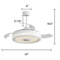 42 Inch Modern Invisible Ceiling Fan, 120V 3 Abs Blades Remote Control Reversible Dc Motor, With 36W Led Light Smart App Control, Past Etl Ceiling Fan White Metal