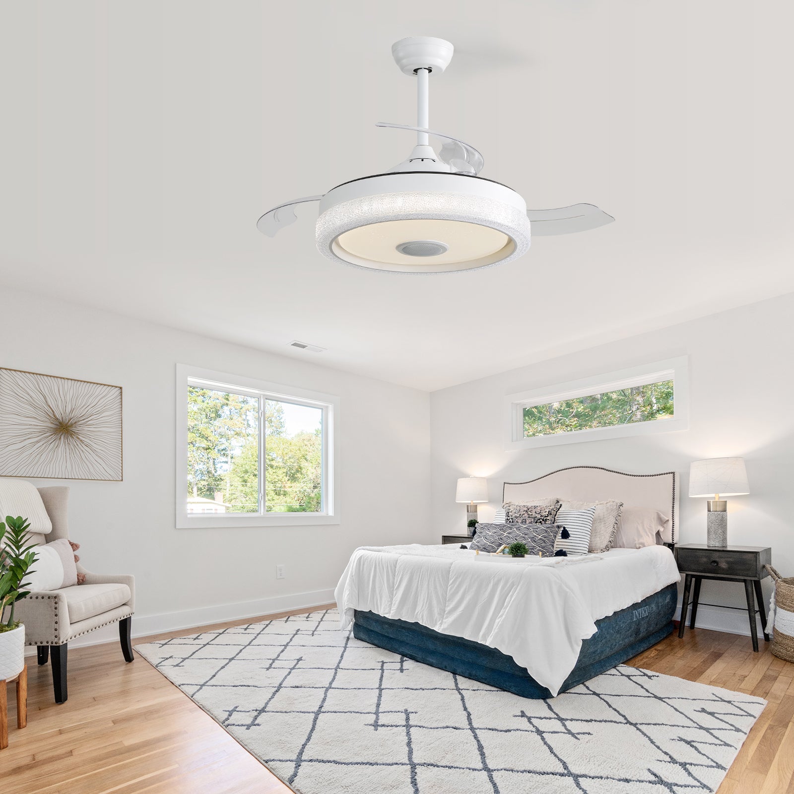 42 Inch Modern Invisible Ceiling Fan, 120V 3 Abs Blades Remote Control Reversible Dc Motor, With 36W Led Light Smart App Control, Past Etl Ceiling Fan White Metal