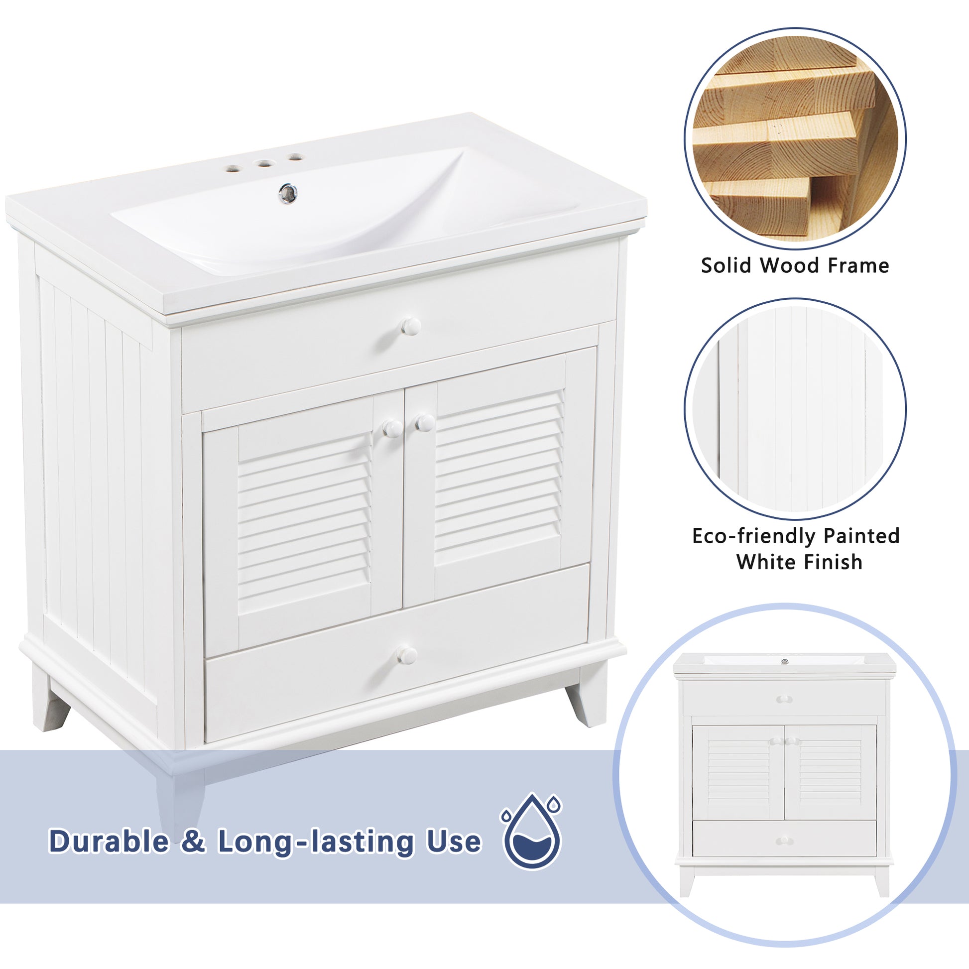 30" Bathroom Vanity With Sink, Bathroom Cabinet With Two Doors And One Drawer, White Old Sku: Jl000005Aak White Solid Wood