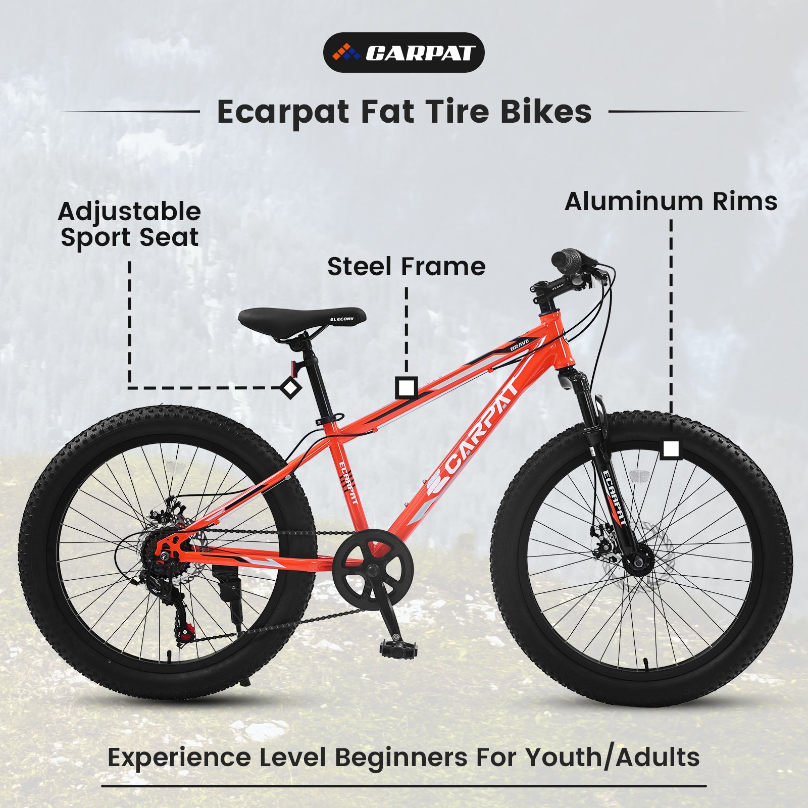 S24109 Elecony 24 Inch Fat Tire Bike Adult Youth Full Shimano 7 Speeds Mountain Bike, Dual Disc Brake, High Carbon Steel Frame, Front Suspension, Mountain Trail Bike, Urban Commuter City Bicycle Cycling Orange Without Anti Slip Garden & Outdoor American