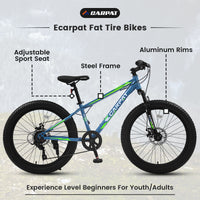 S24109 Elecony 24 Inch Fat Tire Bike Adult Youth Full Shimano 7 Speeds Mountain Bike, Dual Disc Brake, High Carbon Steel Frame, Front Suspension, Mountain Trail Bike, Urban Commuter City Bicycle Cycling Green Without Anti Slip Garden & Outdoor American