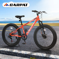 S24109 Elecony 24 Inch Fat Tire Bike Adult Youth Full Shimano 7 Speeds Mountain Bike, Dual Disc Brake, High Carbon Steel Frame, Front Suspension, Mountain Trail Bike, Urban Commuter City Bicycle Cycling Orange Without Anti Slip Garden & Outdoor American