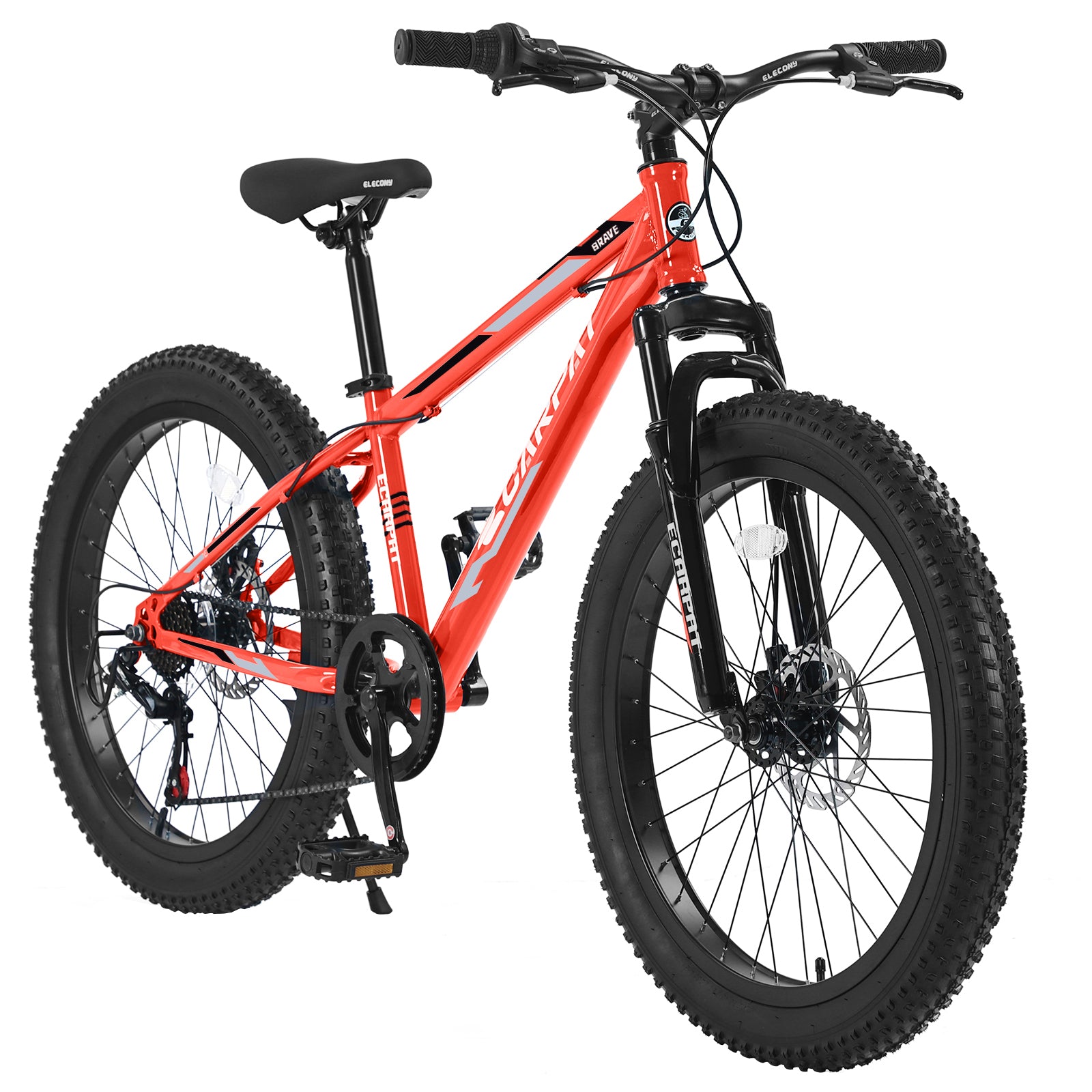 S24109 Elecony 24 Inch Fat Tire Bike Adult Youth Full Shimano 7 Speeds Mountain Bike, Dual Disc Brake, High Carbon Steel Frame, Front Suspension, Mountain Trail Bike, Urban Commuter City Bicycle Cycling Orange Without Anti Slip Garden & Outdoor American