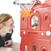 Kids Slide Playset Structure, Freestanding Castle Climber With Slide And Basketball Hoop, Toy Storage Organizer For Toddlers, Kids Climbers Playhouse For Indoor Outdoor Playground Activity Red Hdpe