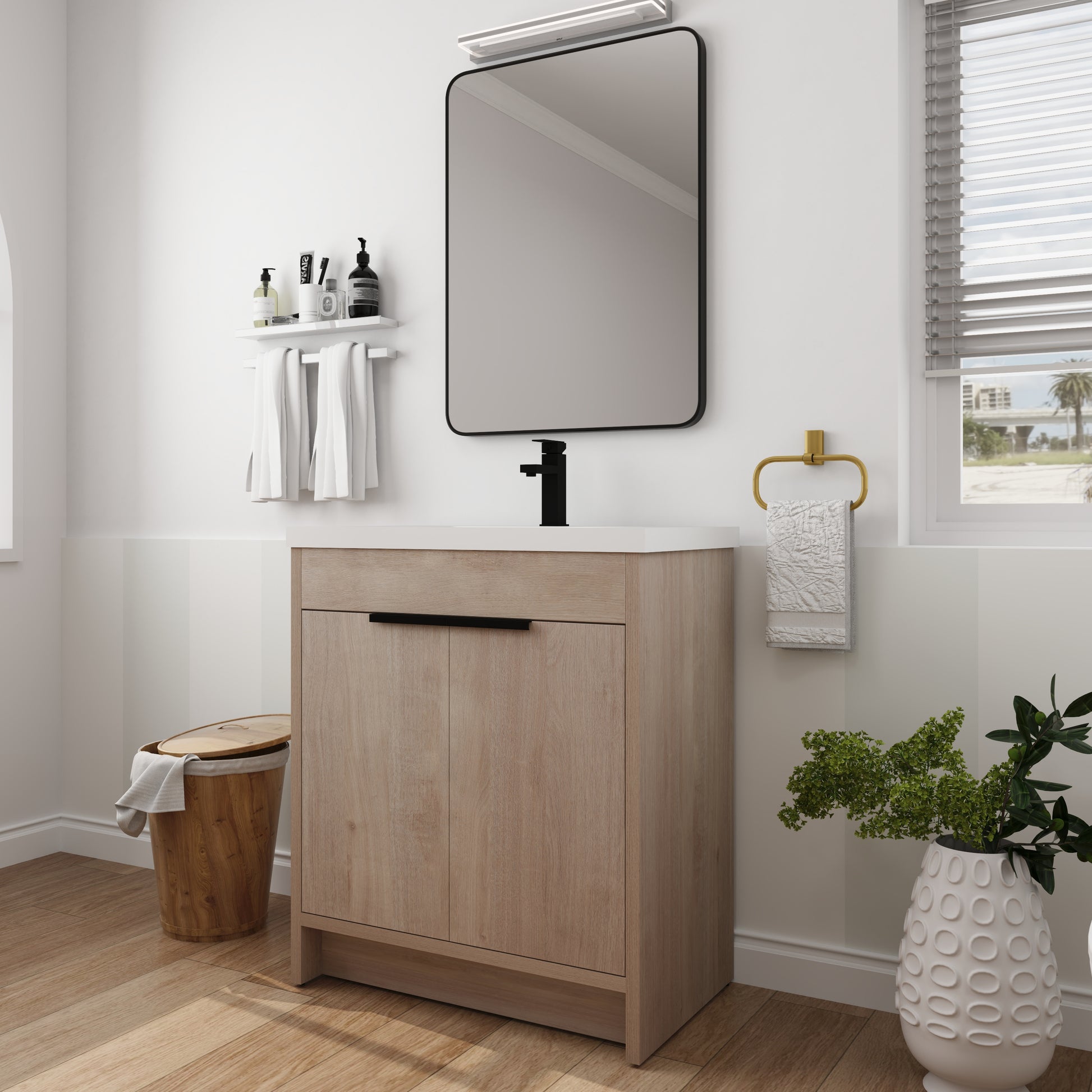 30 Inch Freestanding Bathroom Vanity With White Resin Sink & 2 Soft Close Cabinet Doors Bvb02430Plo Grb3040 Plain Light Oak 2 Bathroom Freestanding Plywood