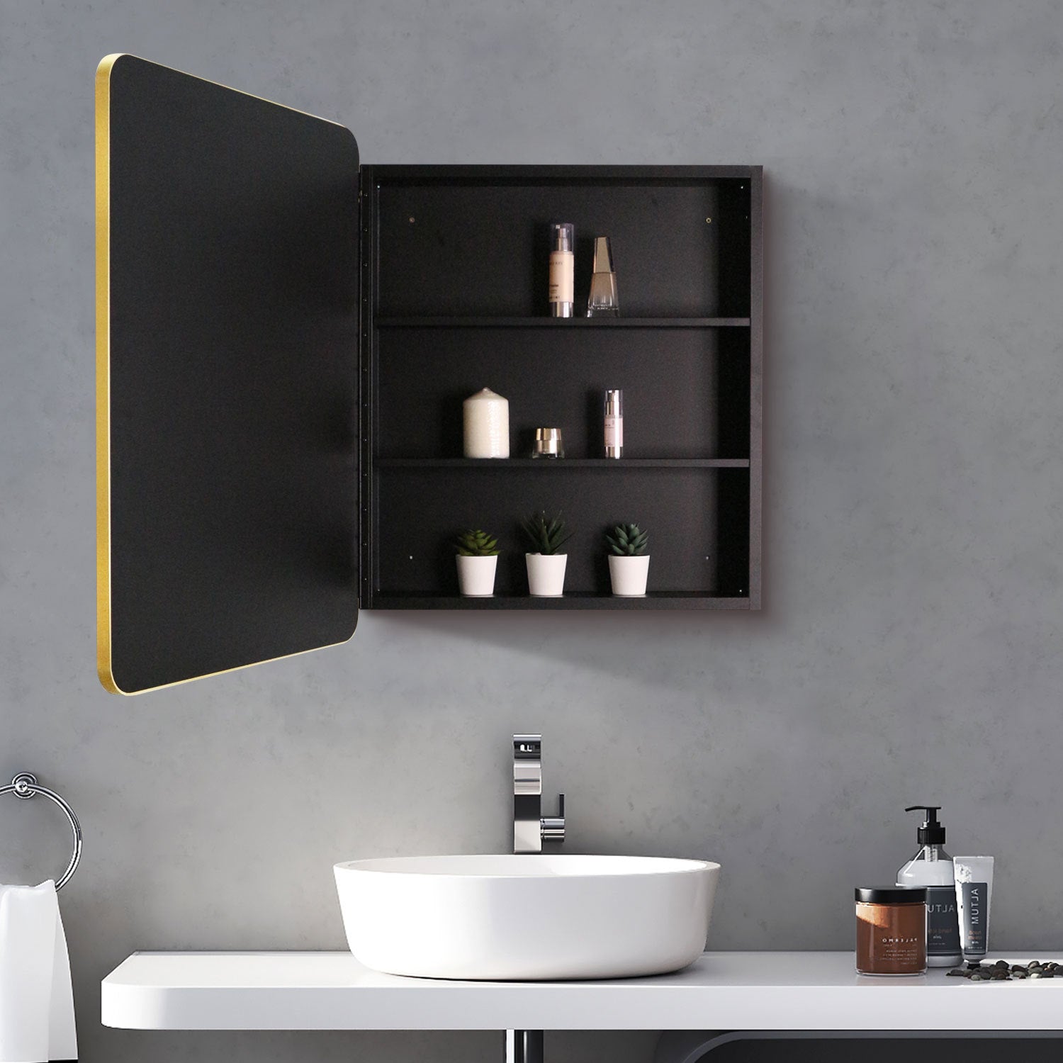 24X30 Inch Gold Metal Framed Wall Mount Or Recessed Bathroom Medicine Cabinet With Mirror Gold Matte Black 1 2 24 To 35 In 24 To 31 In Removable Shelf Bathroom Classic Less Than 5 Inches Aluminium Powder Coated