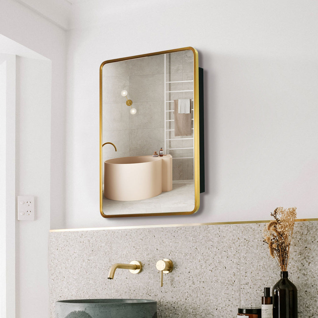 24X30 Inch Gold Metal Framed Wall Mount Or Recessed Bathroom Medicine Cabinet With Mirror Gold Matte Black 1 2 24 To 35 In 24 To 31 In Removable Shelf Bathroom Classic Less Than 5 Inches Aluminium Powder Coated