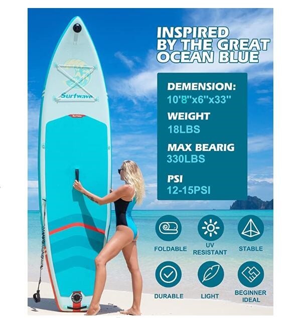 Inflatable Stand Up Paddle Boards 10'8''*33"*6" With Premium Sup Accessories & Backpack, Leash, Paddle, Hand Pump,Wide Stance, Non Slip Comfort Deck For Youth & Adults Water Sports Mint Green Anti Slip Garden & Outdoor American Design,Beach Body Shaping