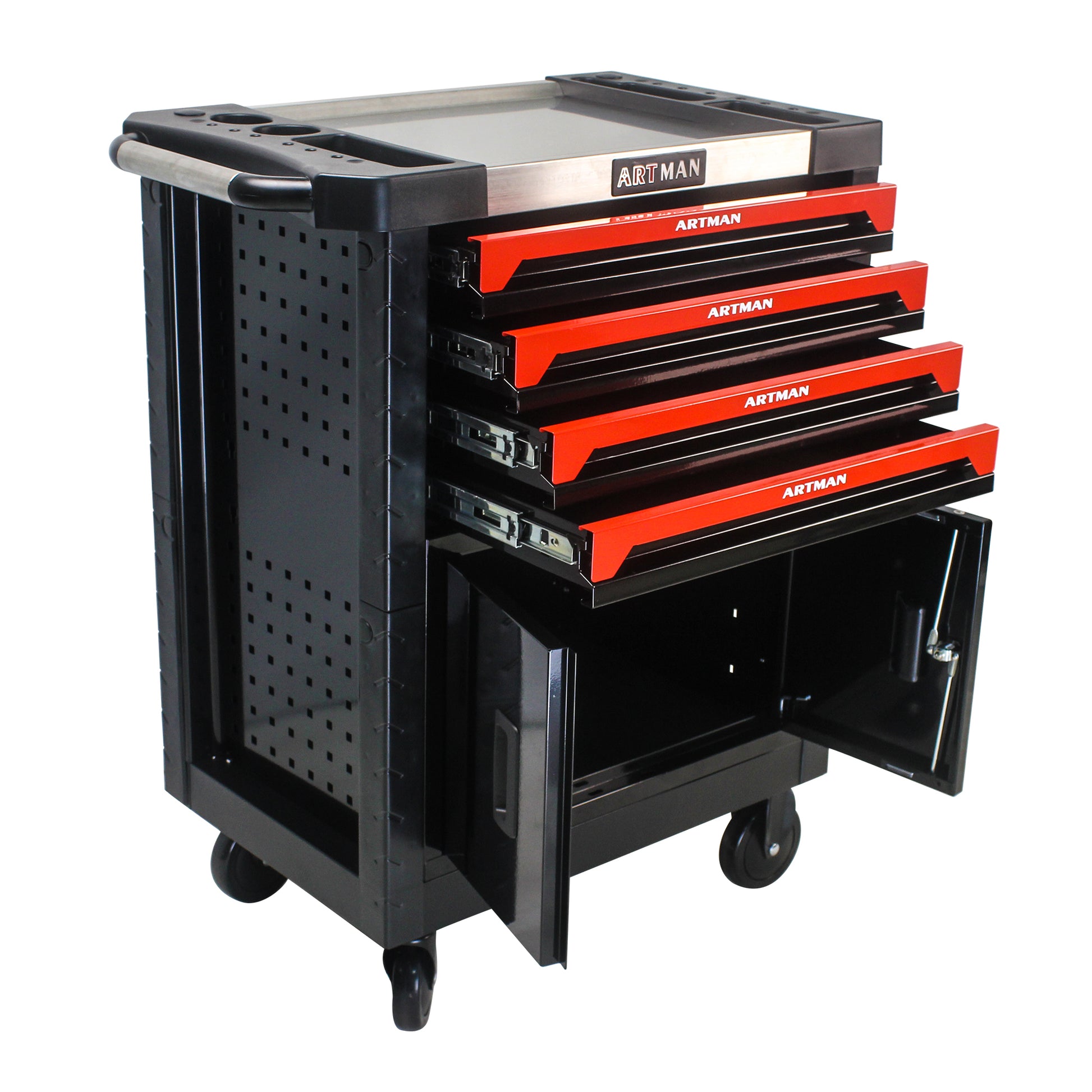 Removable 4 Drawers Tool Cart With Lock Black Red Metal