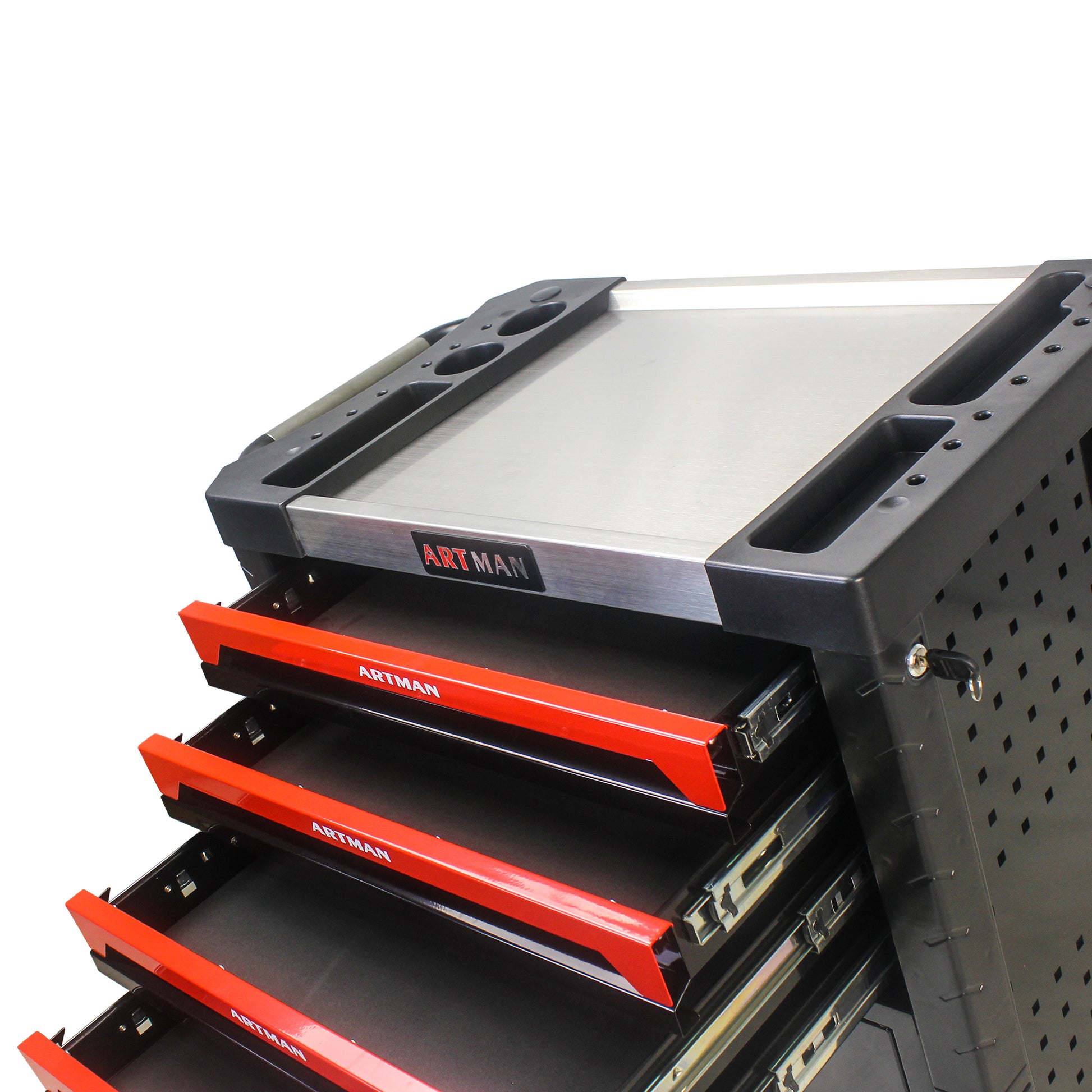 Removable 4 Drawers Tool Cart With Lock Black Red Metal