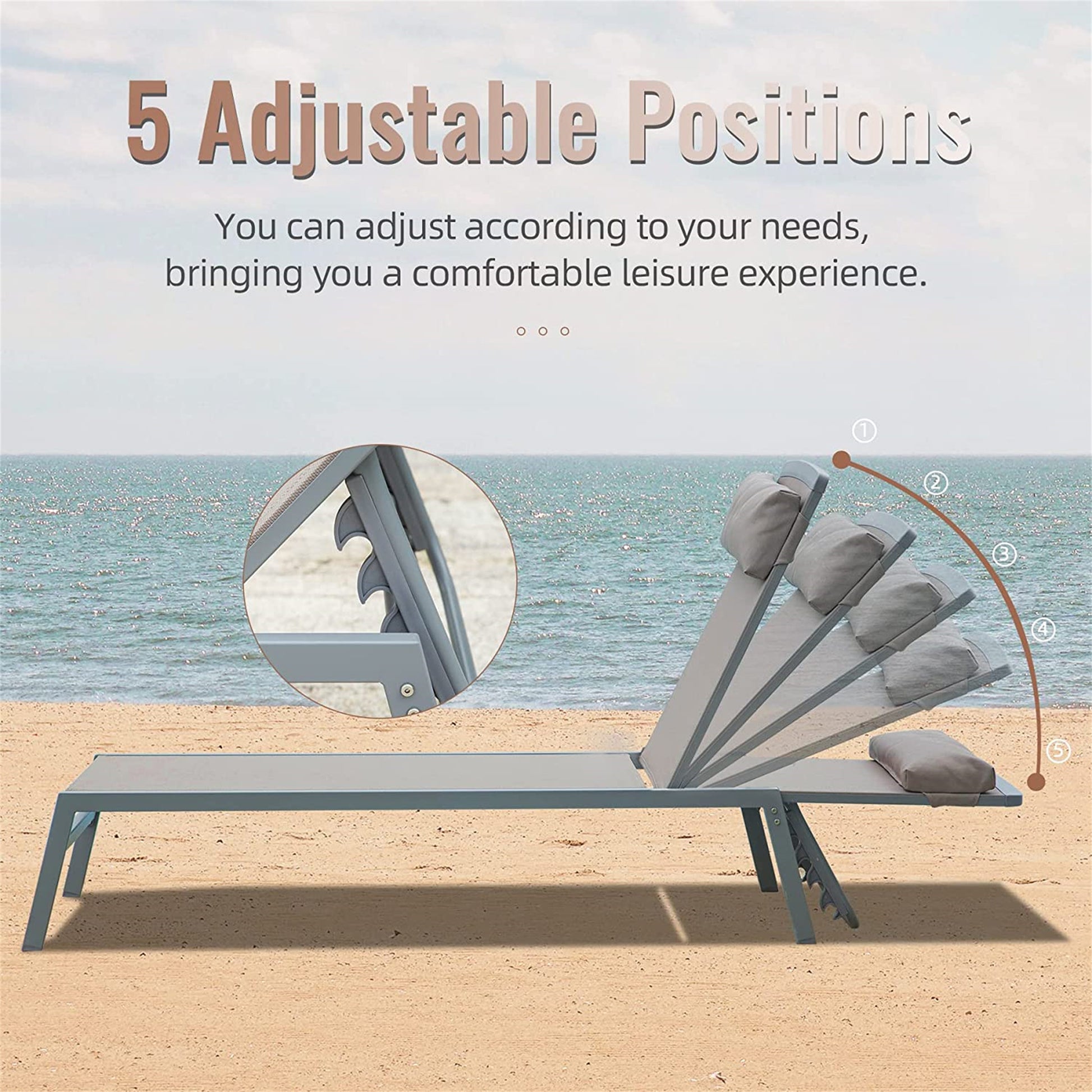Patio Chaise Lounge Set Of 3, Aluminum Lounge Chairs With 5 Adjustable Positions, Outdoor Chaise Lounge For Pool, Deck, Garden, Backyard, Sunbathing Khaki,2 Lounge Chairs 1 Table Khaki Aluminium