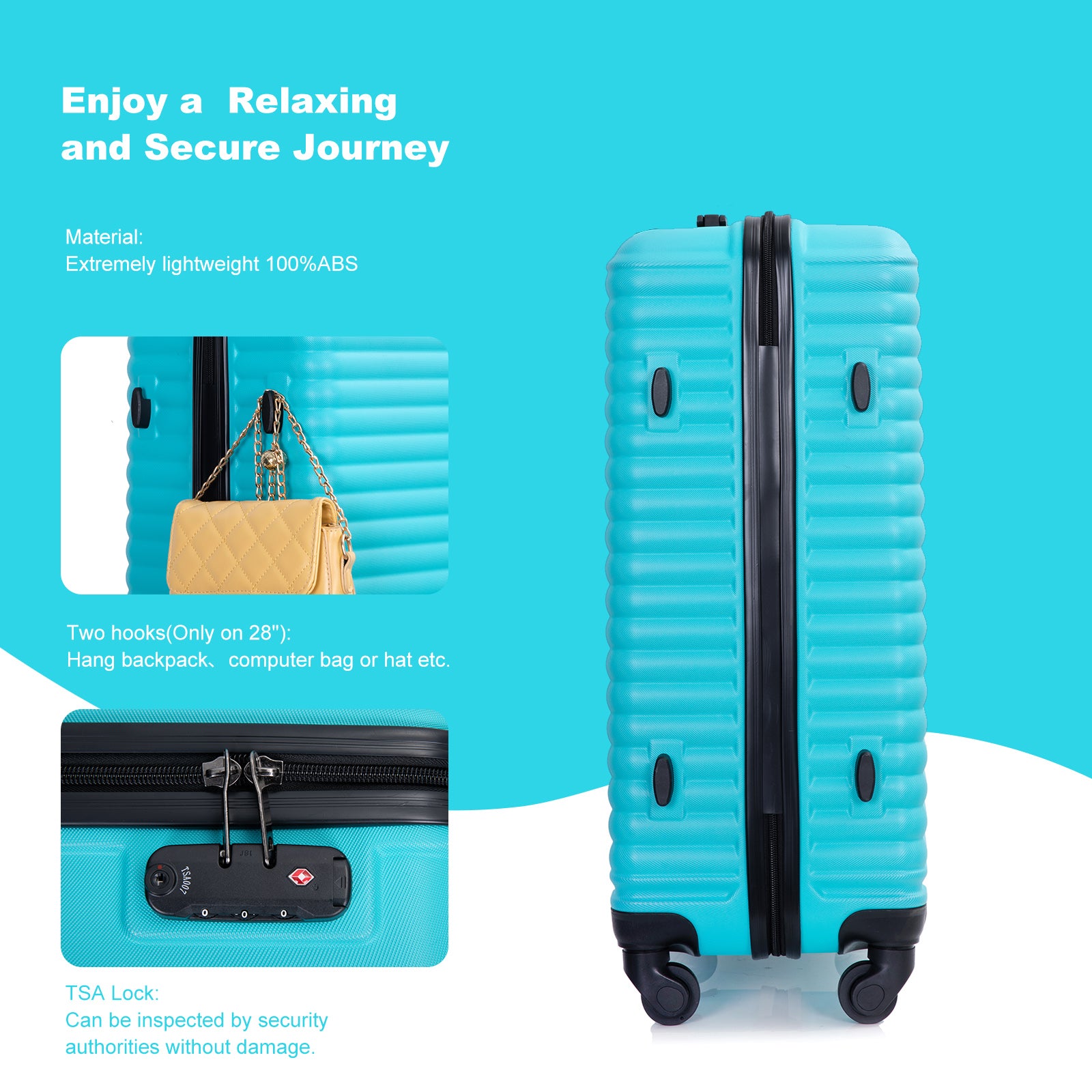 3 Piece Luggage Sets Abs Lightweight Suitcase With Two Hooks, Spinner Wheels, Tsa Lock, 20 24 28 Turquoise Turquoise Abs