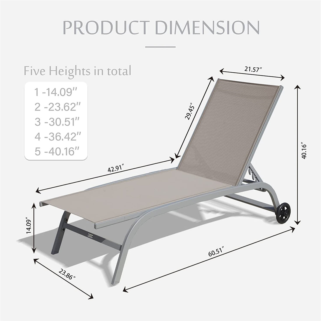 Chaise Lounge Outdoor Set Of 2, Lounge Chairs For Outside With Wheals, Outdoor Lounge Chairs With 5 Adjustable Position, Pool Lounge Chairs For Patio, Beach,Yard,Deck,Poolside Khaki, 2 Lounge Chairs Khaki Aluminium