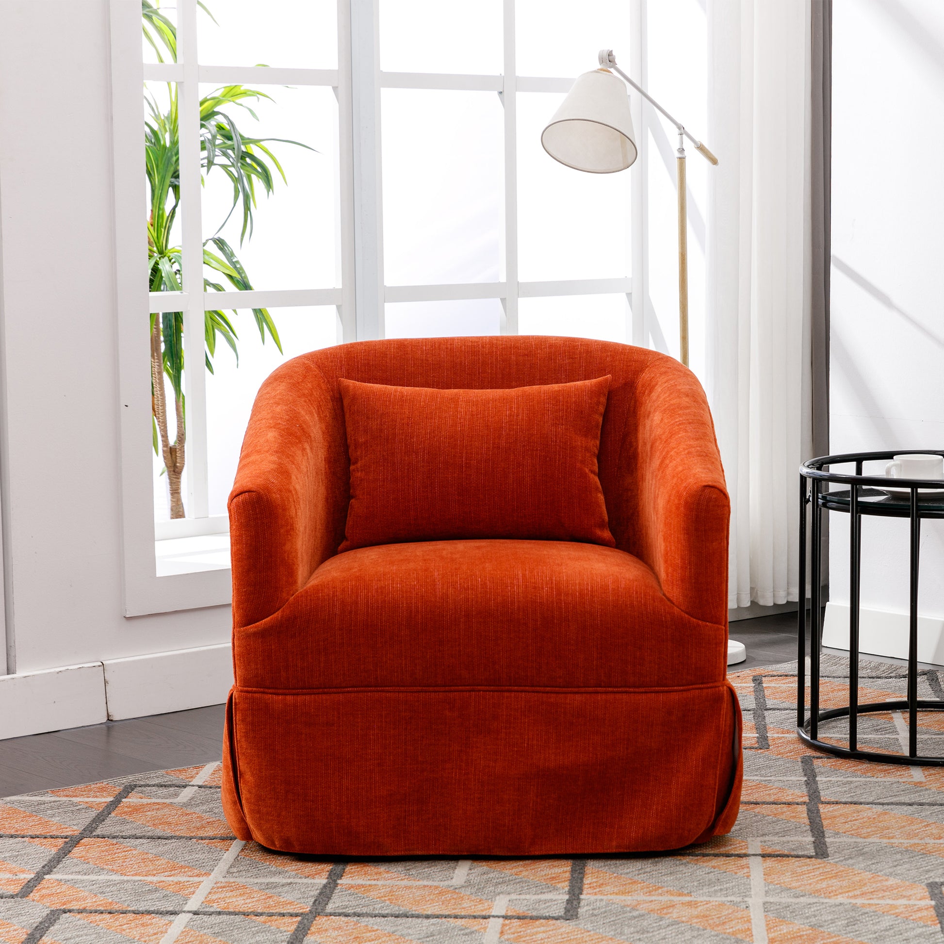 360 Degree Swivel Accent Armchair Linen Blend Orange Orange Foam Upholstered