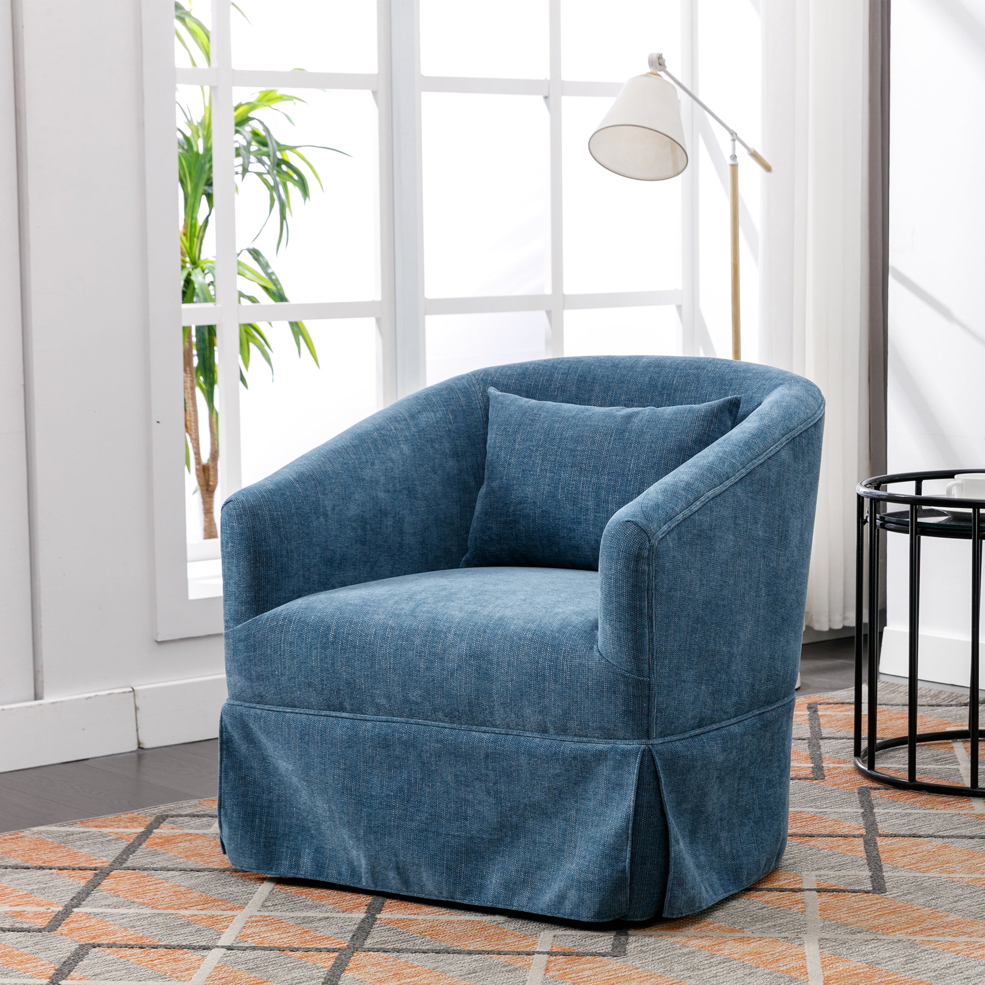 360 Degree Swivel Accent Armchair Linen Blend Blue Blue Foam Upholstered