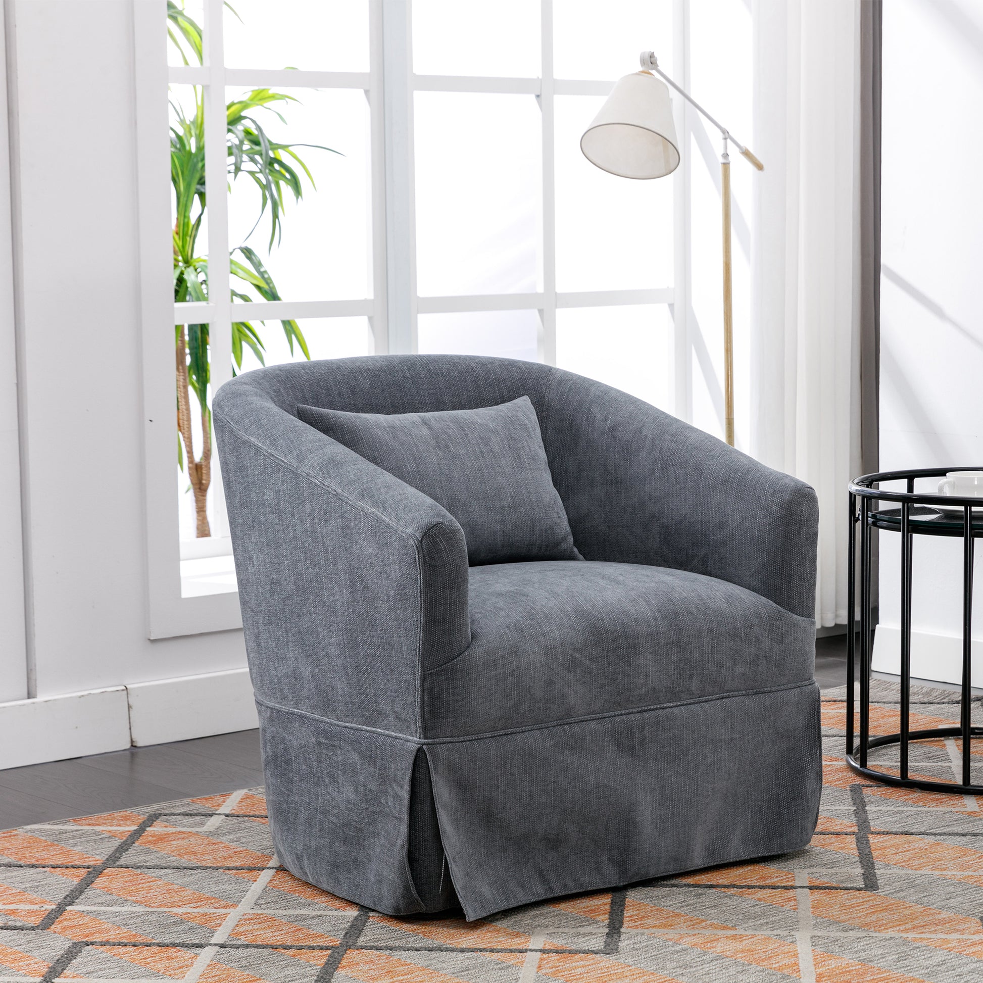 360 Degree Swivel Accent Armchair Linen Blend Grey Grey Foam Upholstered