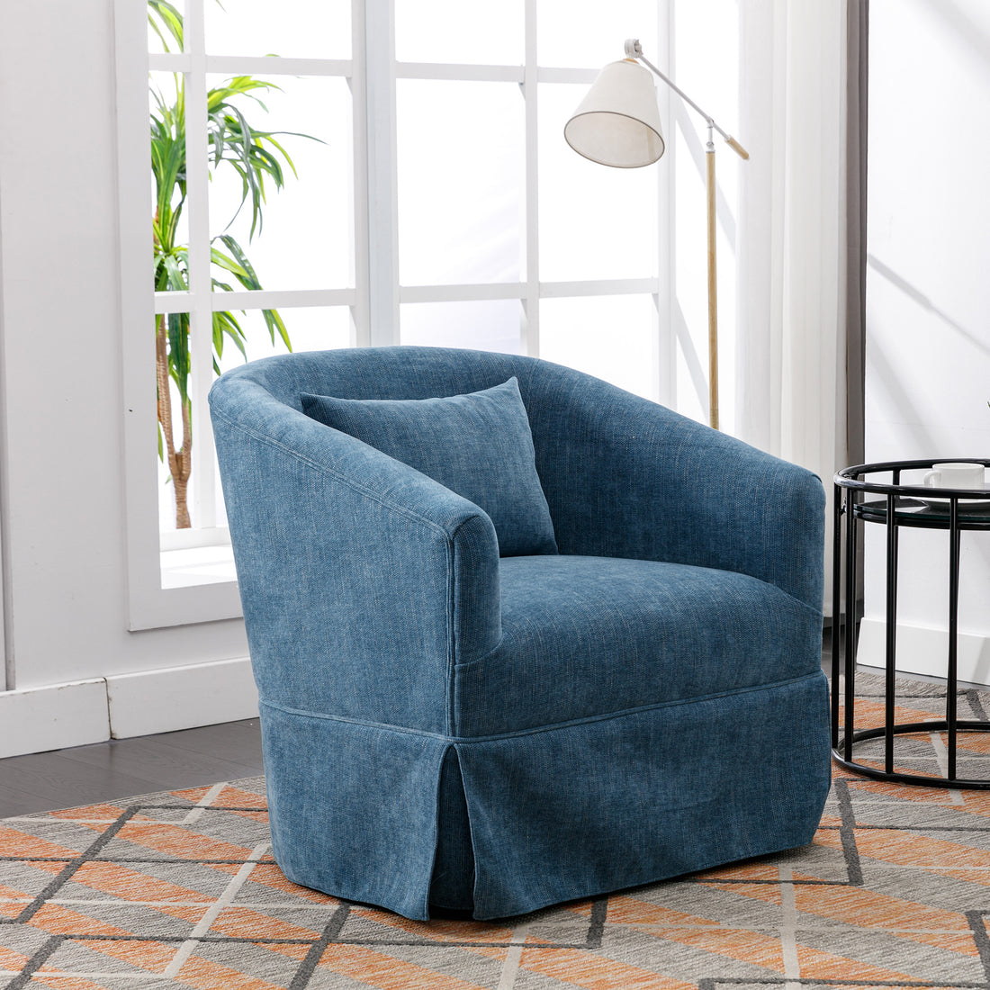 360 Degree Swivel Accent Armchair Linen Blend Blue Blue Foam Upholstered