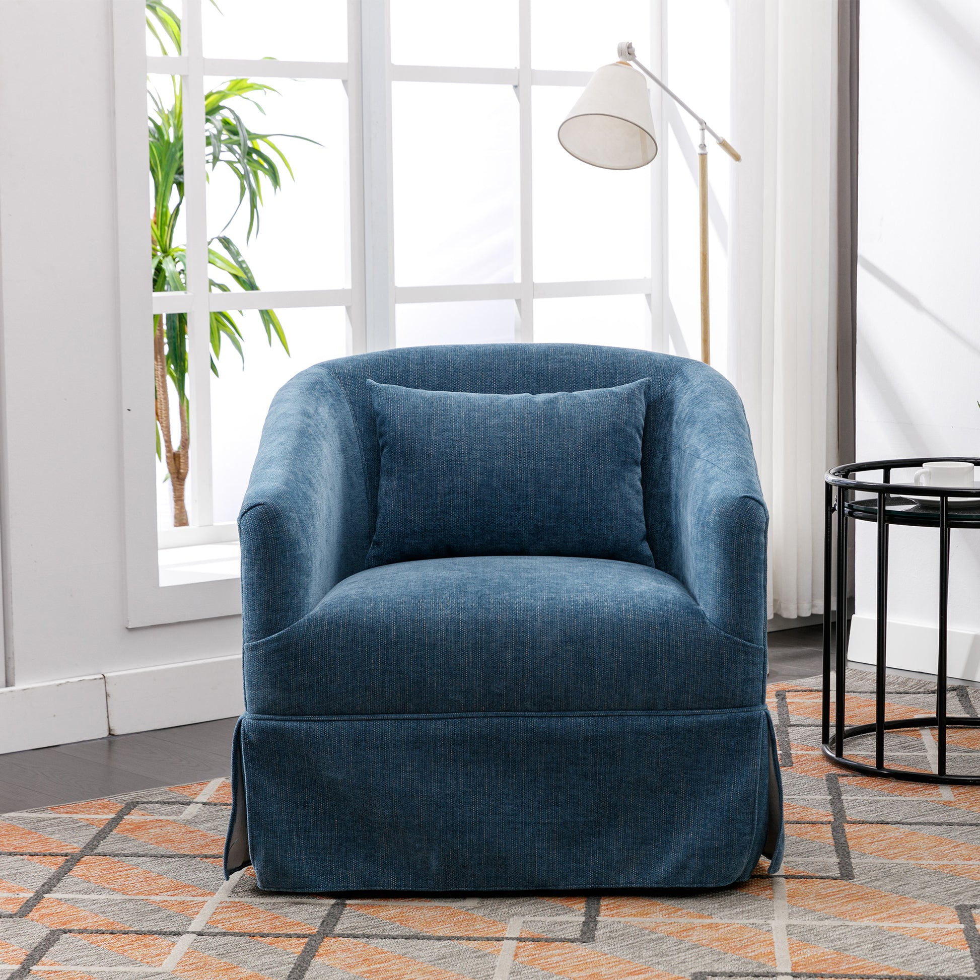 360 Degree Swivel Accent Armchair Linen Blend Blue Blue Foam Upholstered