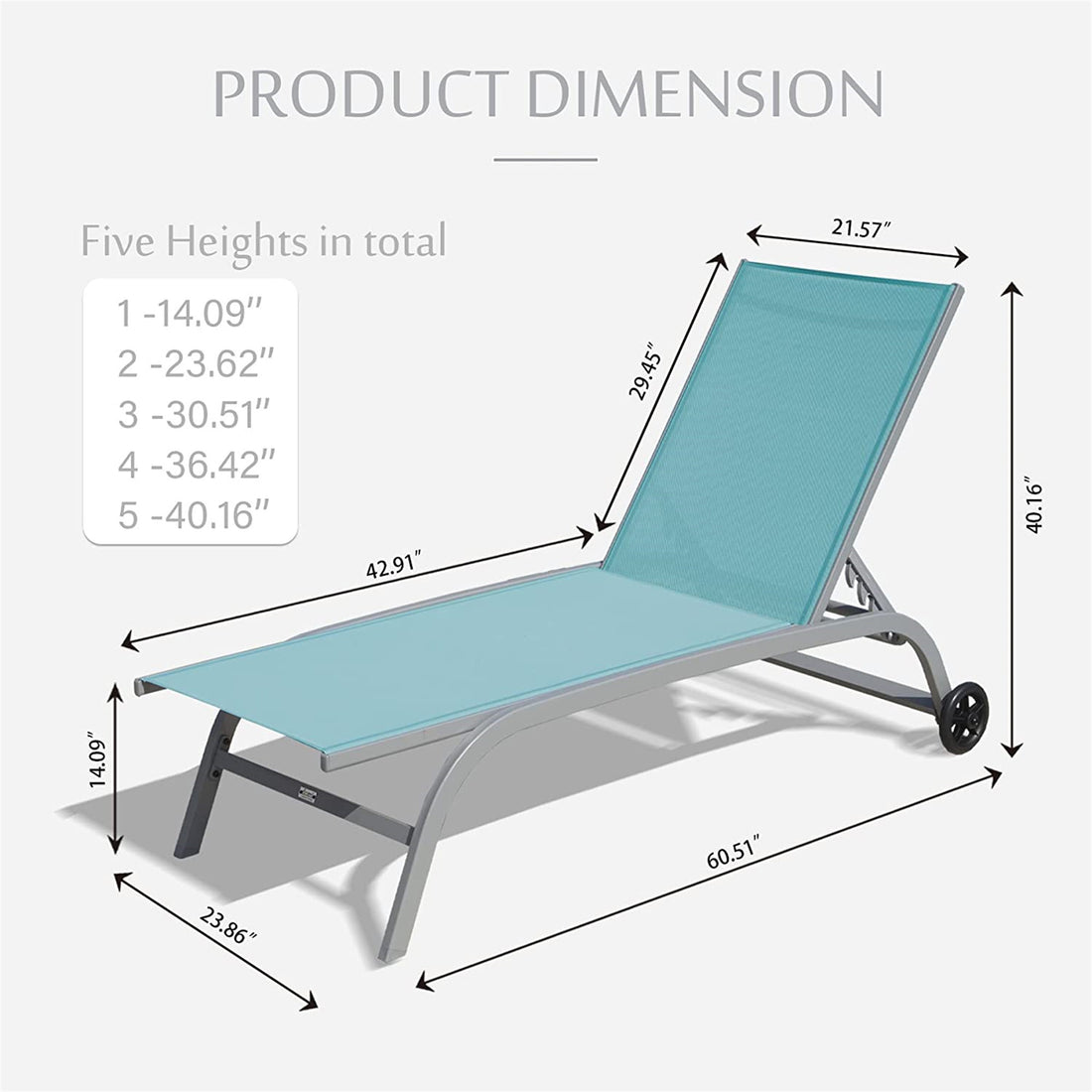 Chaise Lounge Outdoor Set Of 2, Lounge Chairs For Outside With Wheels, Outdoor Lounge Chairs With 5 Adjustable Position, Pool Lounge Chairs For Patio,Beach,Poolside Turquoise Blue,2 Lounge Chairs Lake Blue Aluminium