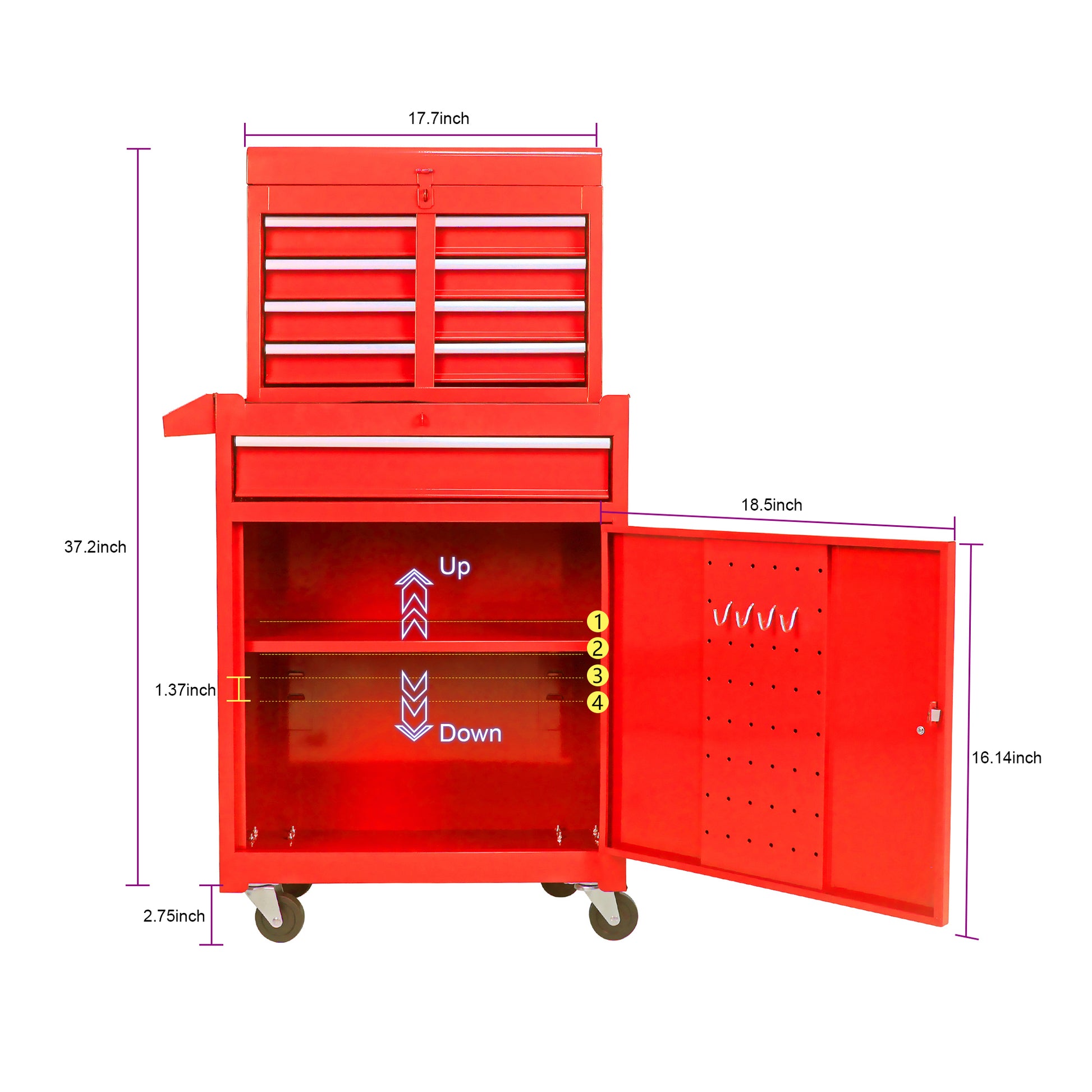 Detachable 5 Drawer Tool Chest With Bottom Cabinet And One Adjustable Shelf Red Red Metal
