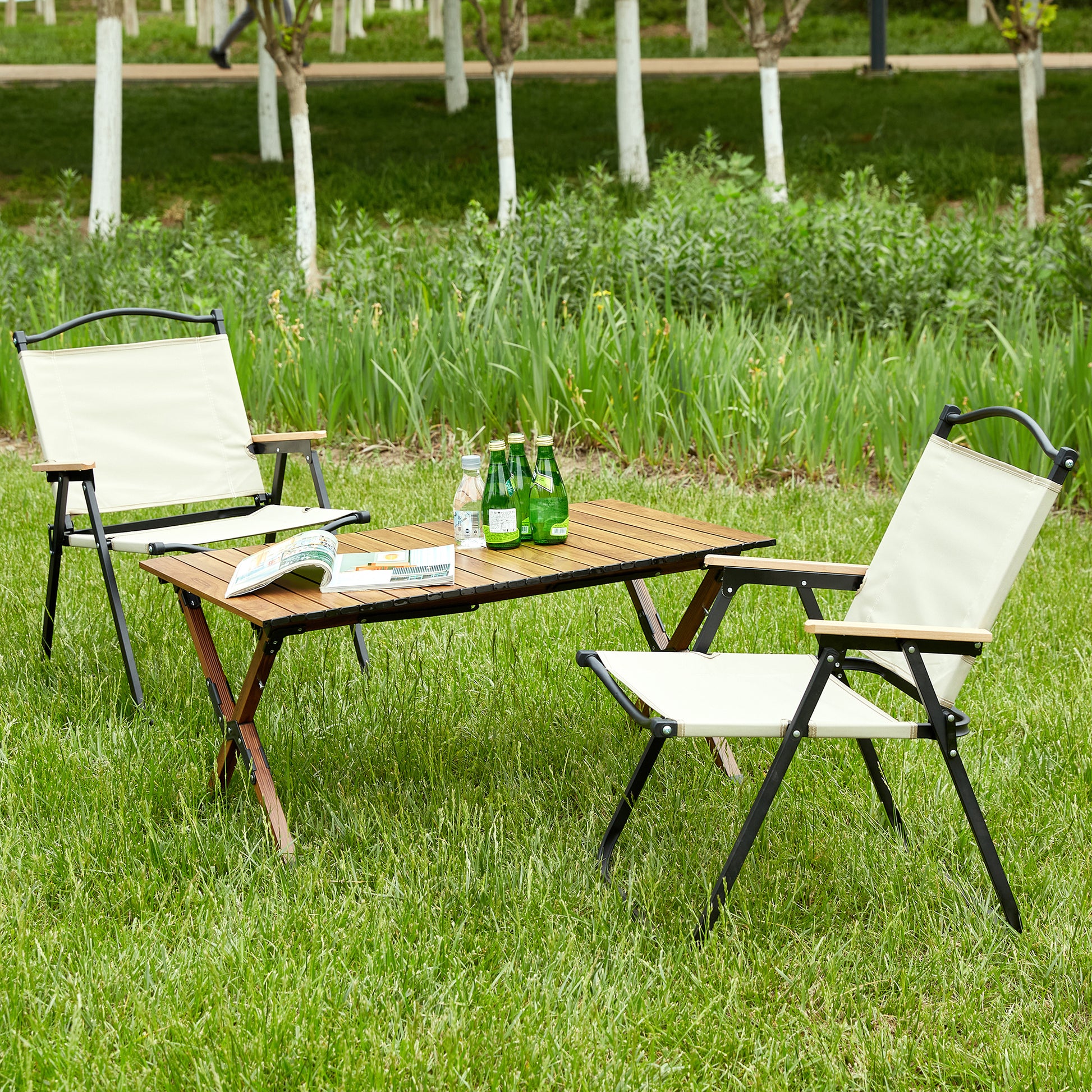 3 Piece Folding Outdoor Table And Two Chairs,Lightweight Aluminum Roll Up Square For Indoor, Outdoor Camping, Picnics, Beach,Backyard, Bbq, Party, Patio, Brown Beige Brown Beige Garden & Outdoor Modern Aluminum