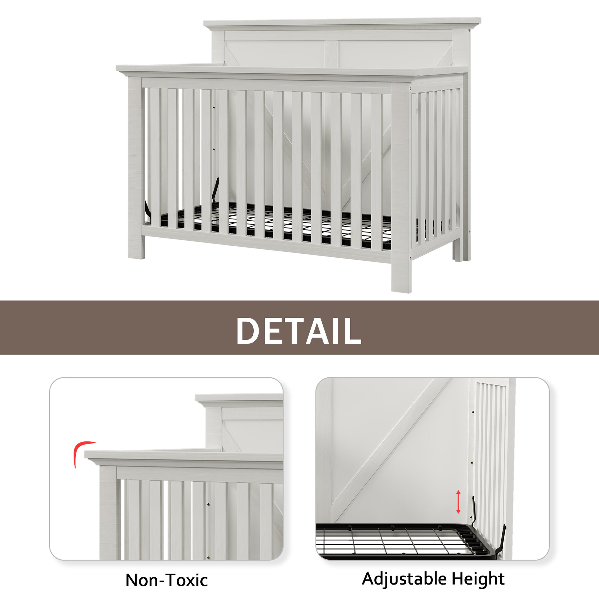 Rustic Farmhouse Style Whitewash 4 In 1 Convertible Baby Crib Converts To Toddler Bed, Daybed And Full Size Bed, White White Solid Wood Mdf