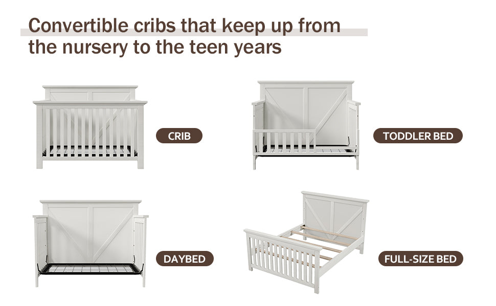 Rustic Farmhouse Style Whitewash 4 In 1 Convertible Baby Crib Converts To Toddler Bed, Daybed And Full Size Bed, White White Solid Wood Mdf