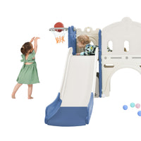 Kids Slide Playset Structure, Freestanding Castle Climber With Slide And Basketball Hoop, Toy Storage Organizer For Toddlers, Kids Climbers Playhouse For Indoor Outdoor Playground Activity. Blue Hdpe