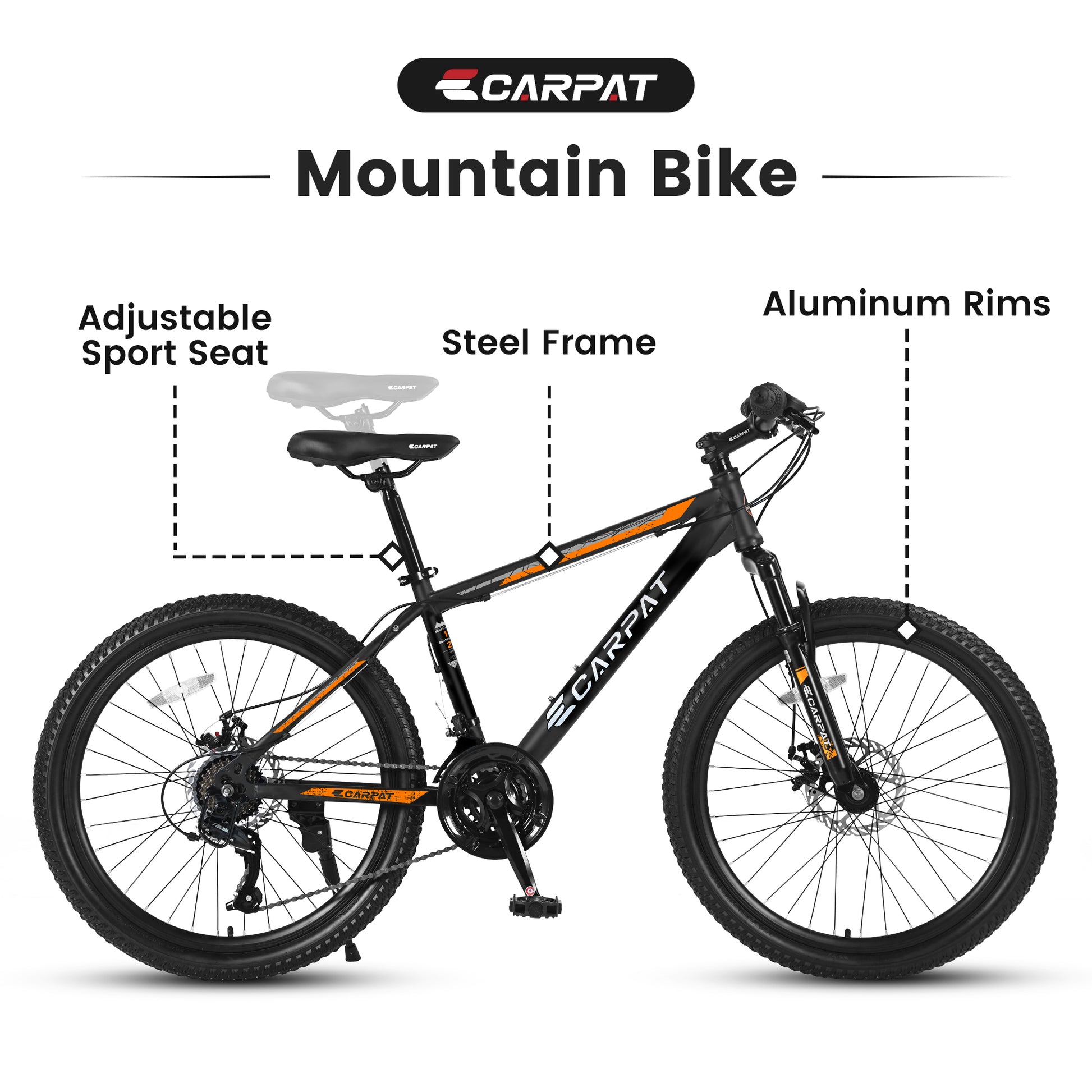 S26102 26 Inch Mountain Bike, Shimano 21 Speeds With Mechanical Disc Brakes, High Carbon Steel Frame, Suspension Mtb Bikes Mountain Bicycle For Adult & Teenagers Orange Aluminium