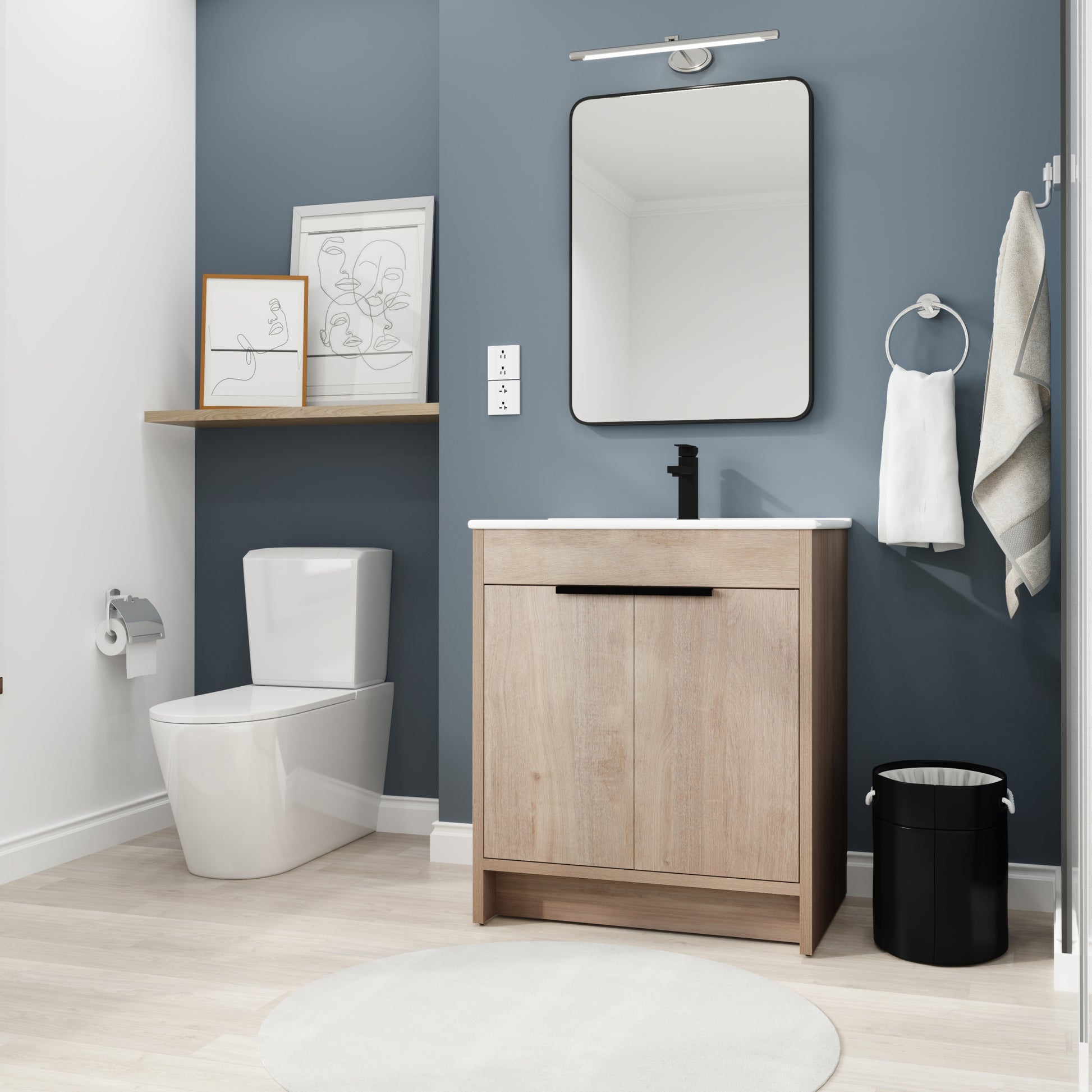 30 Inch Freestanding Bathroom Vanity With White Ceramic Sink & 2 Soft Close Cabinet Doors Bvb02430Plo Bl9075B W999S00063 Plain Light Oak 2 Bathroom Freestanding Modern Plywood